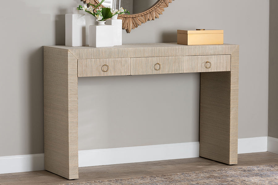 Cielo Bohemian Woven Natural Grasscloth 3-Drawer Console Table