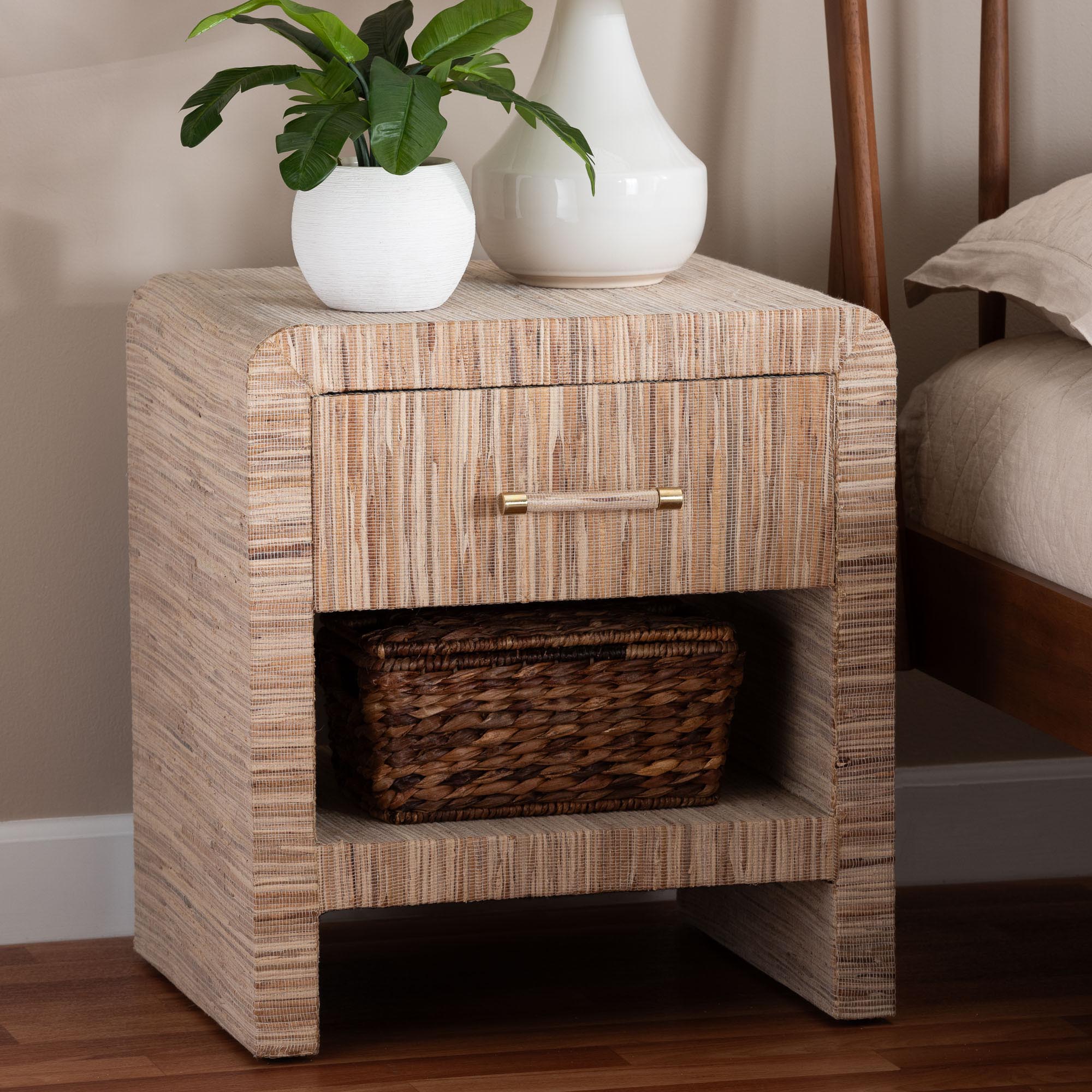 Callan Bohemian Woven Natural Grasscloth 1-Drawer Nightstand