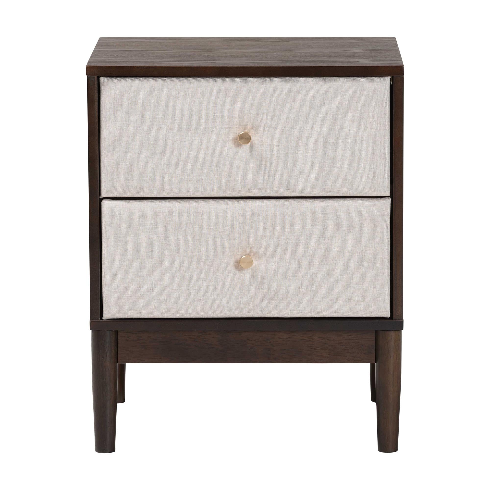 Nikolai Mid-Century Beige Fabric and Wenge Brown Wood 2-Drawer Nightstand