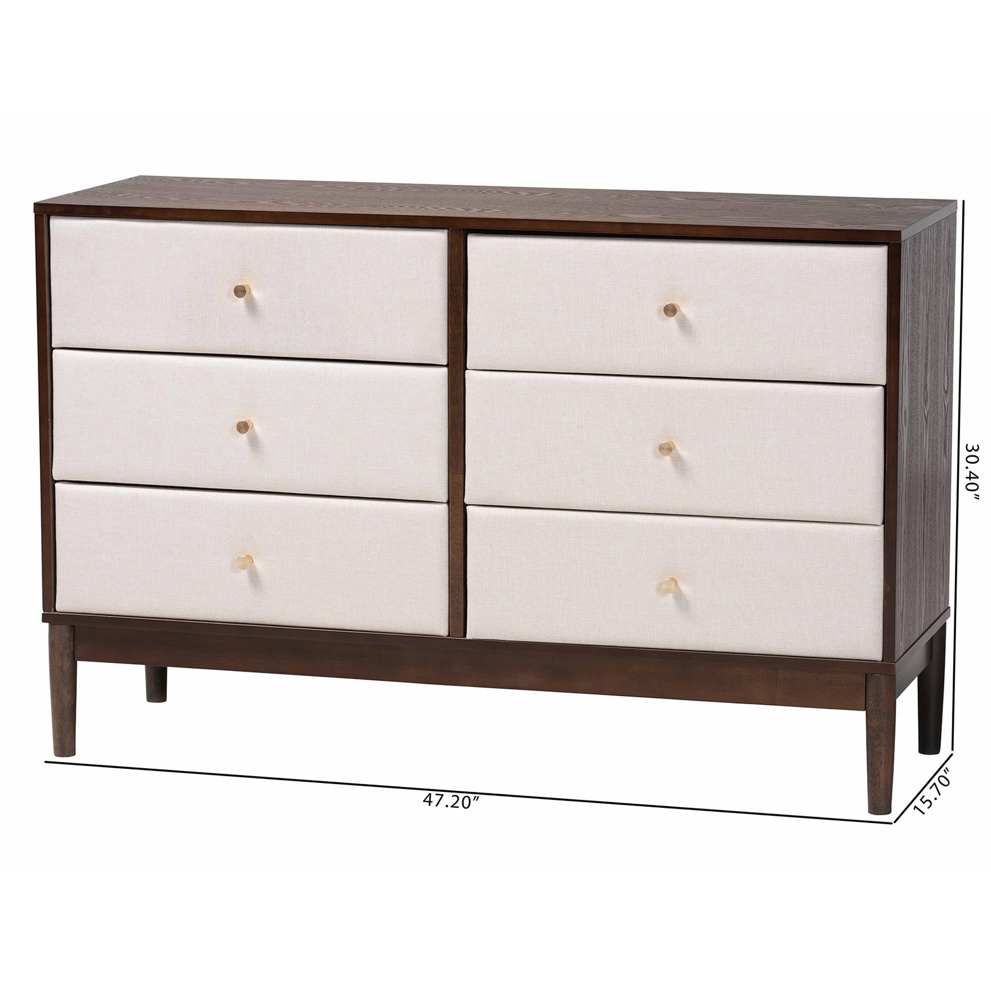 Nikolai Mid-Century Beige Fabric and Wenge Brown Wood 6-Drawer Dresser