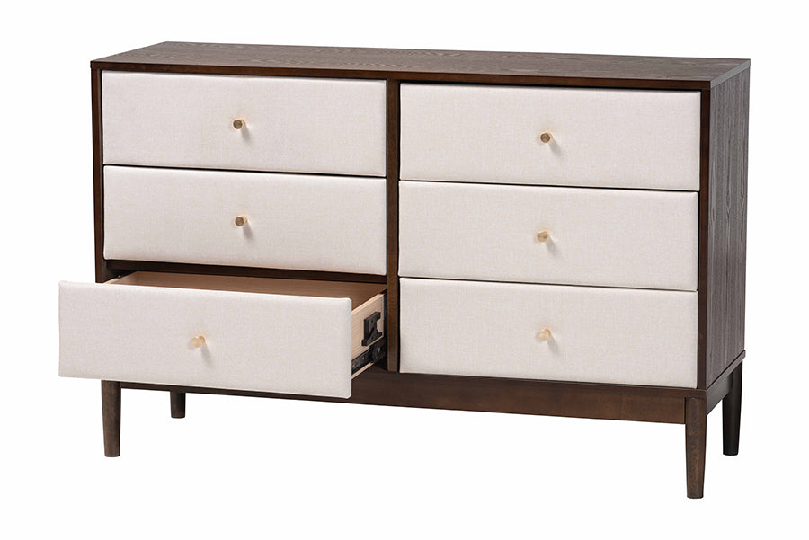 Nikolai Mid-Century Beige Fabric and Wenge Brown Wood 6-Drawer Dresser