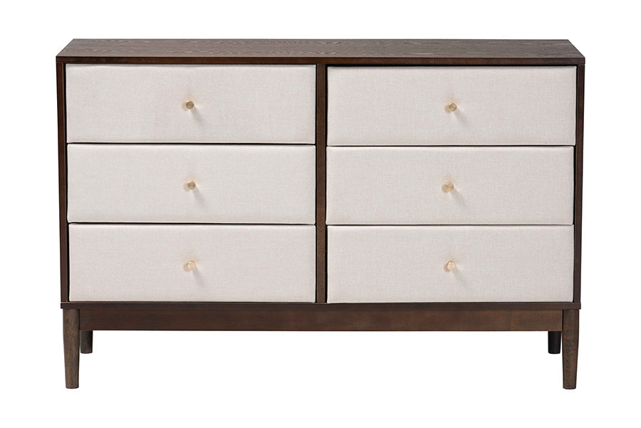 Nikolai Mid-Century Beige Fabric and Wenge Brown Wood 6-Drawer Dresser