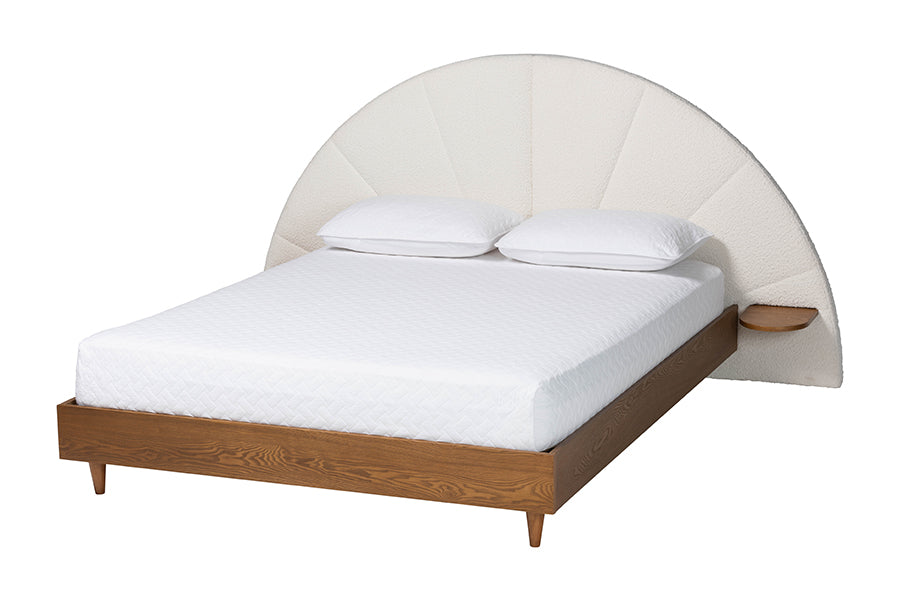 Bernice Japandi Cream Boucle and Walnut Brown Wood Queen Bed