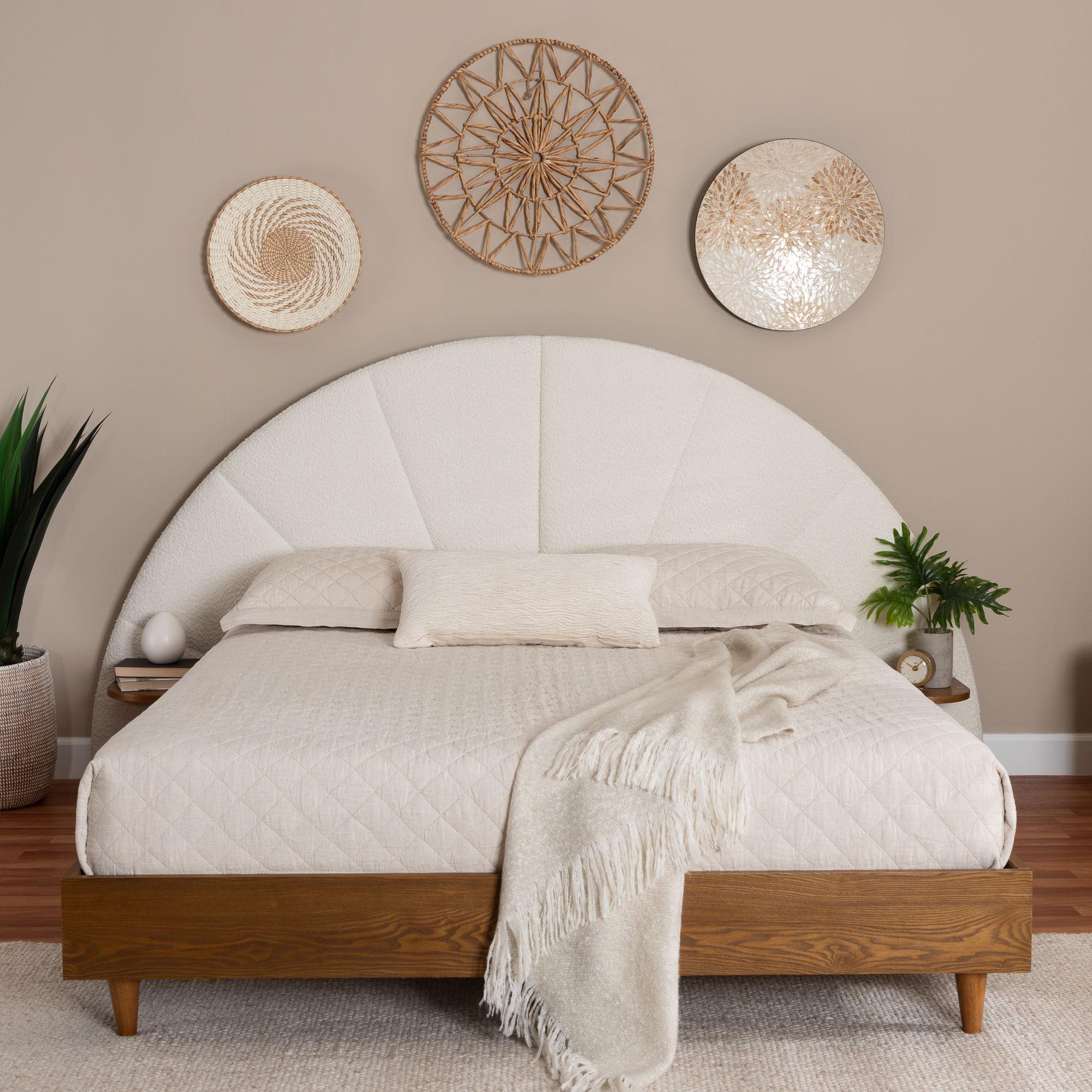 Bernice Japandi Cream Boucle and Walnut Brown Wood Queen Bed