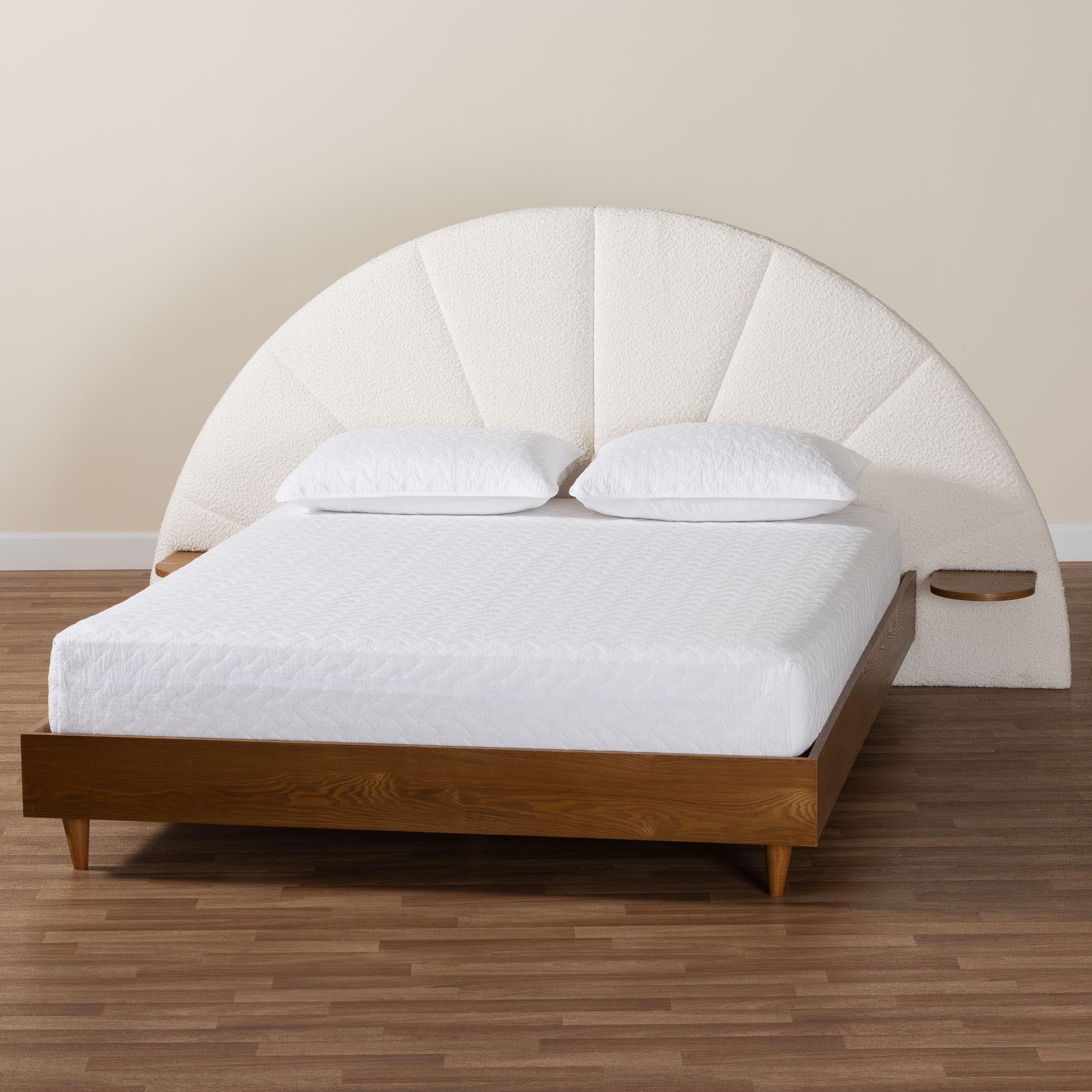 Bernice Japandi Cream Boucle and Walnut Brown Wood Queen Bed
