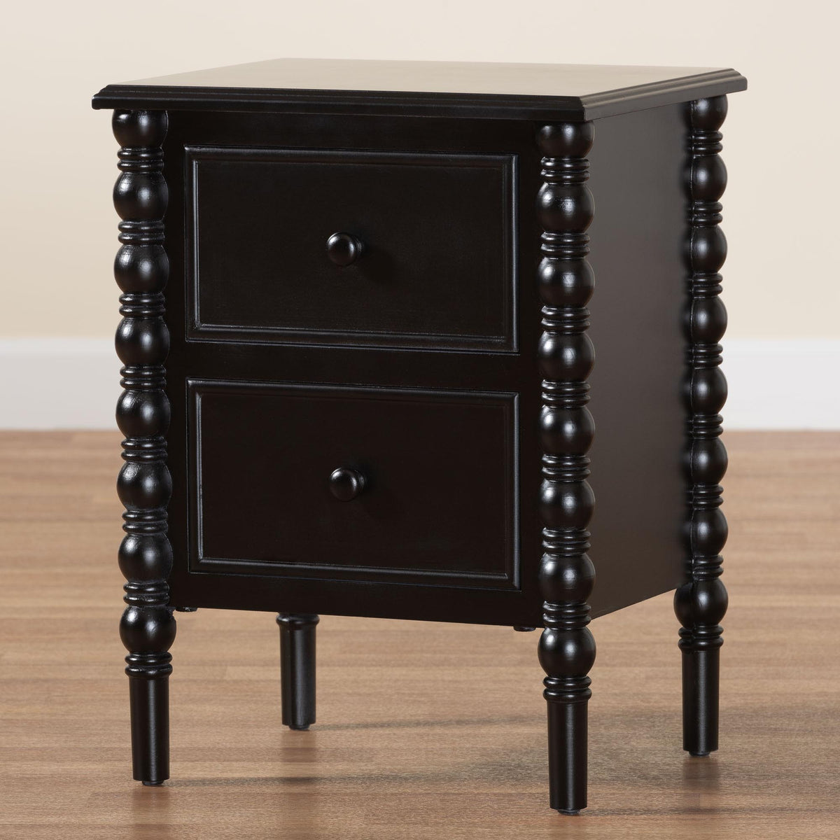 Malinda Classic Black Wood 2-Drawer End Table with Spindle Legs