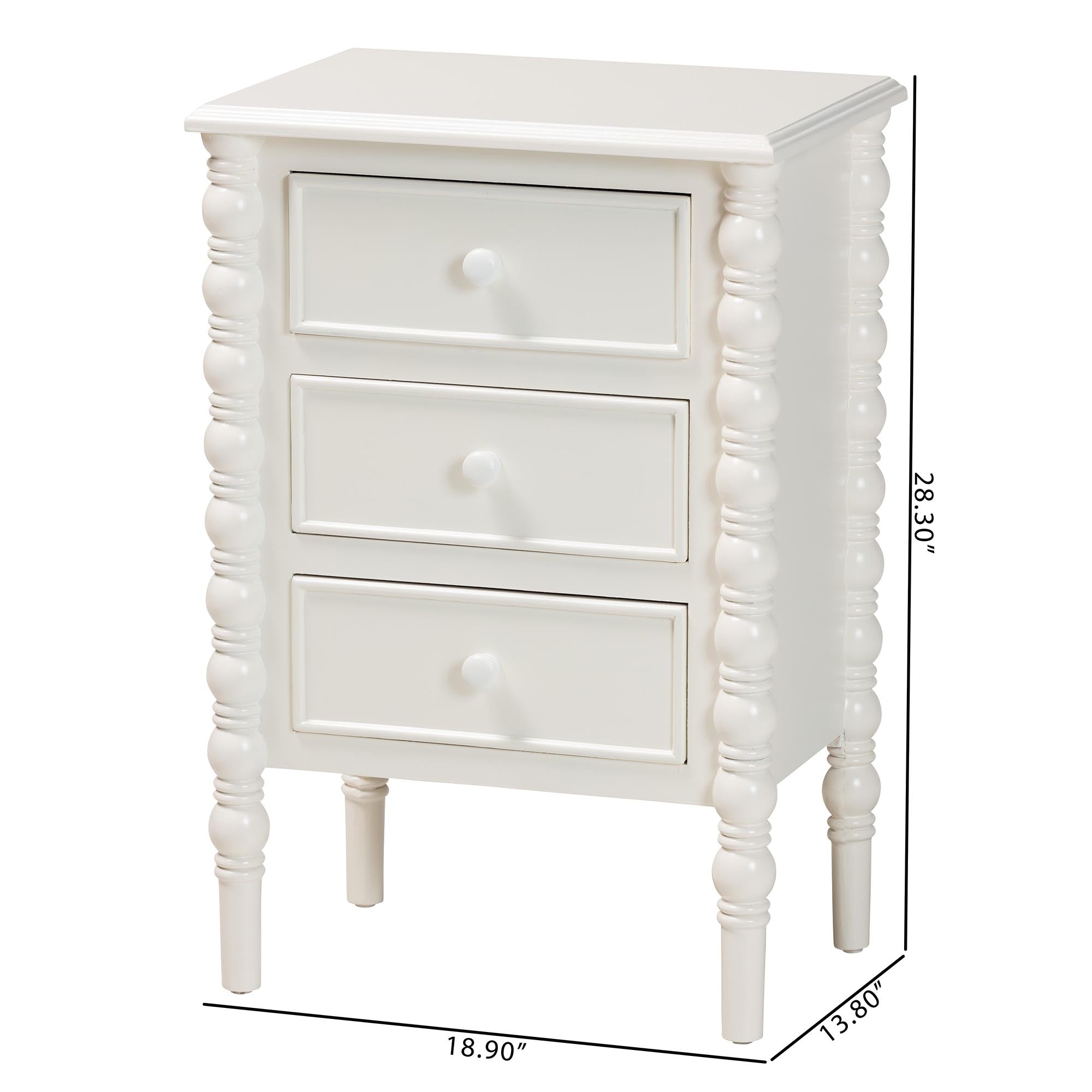 Malinda Classic White Wood 3-Drawer End Table with Spindle Legs