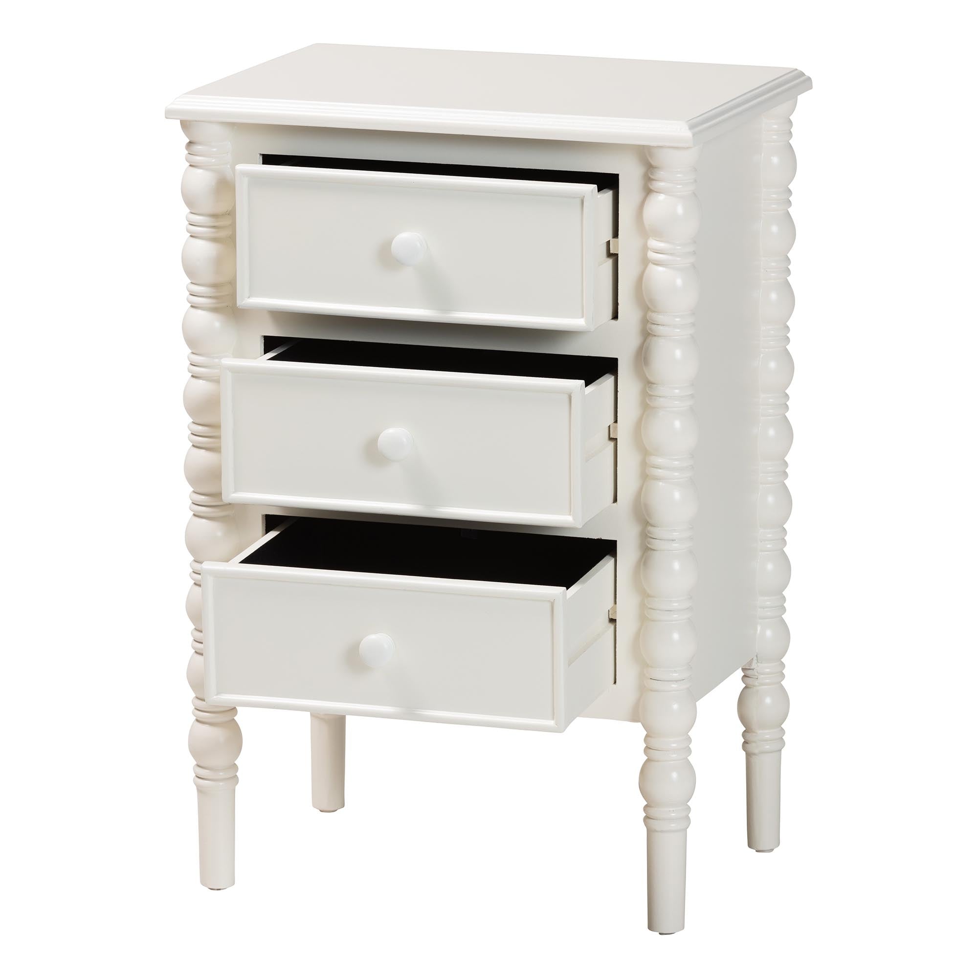 Malinda Classic White Wood 3-Drawer End Table with Spindle Legs