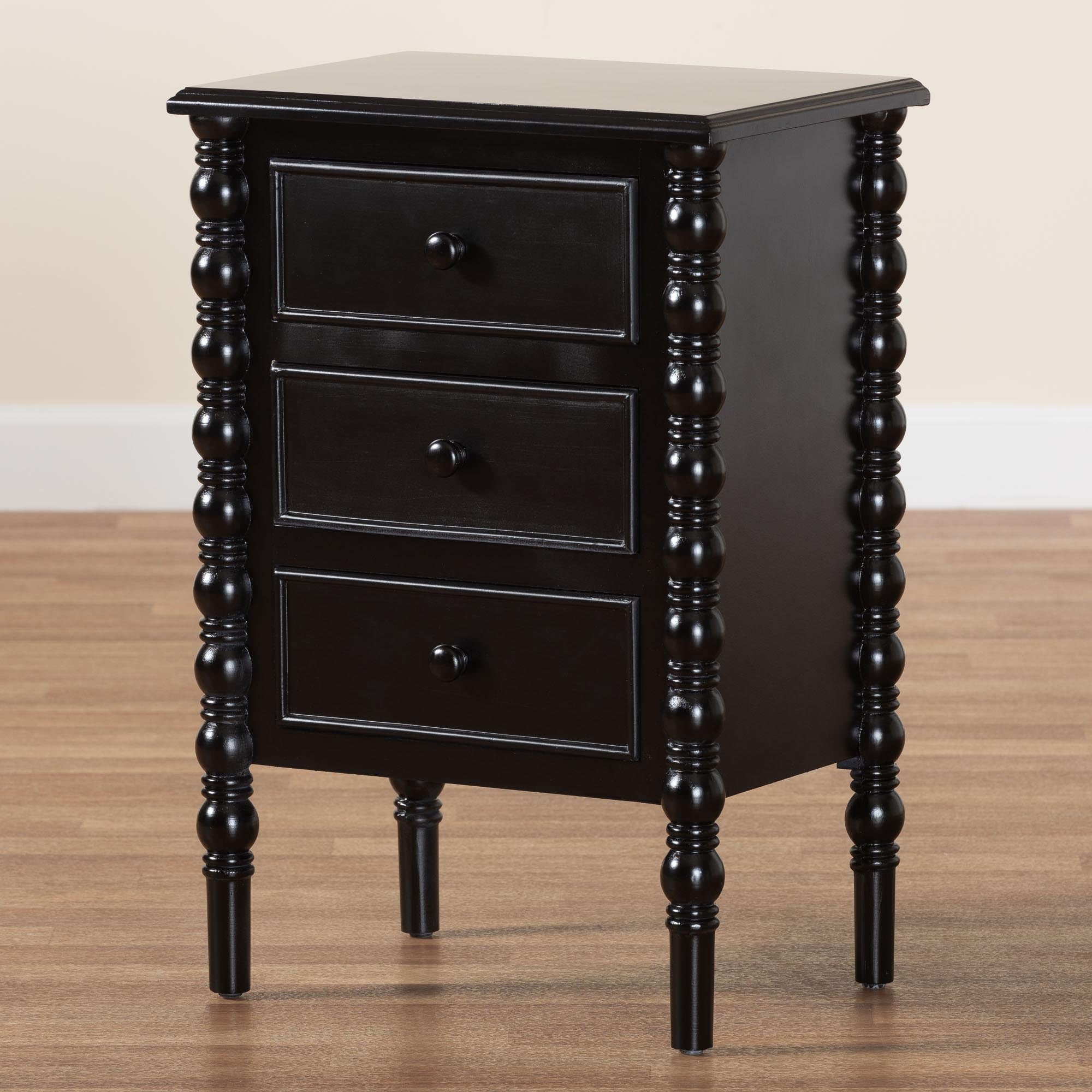 Malinda Classic Black Wood 3-Drawer End Table with Spindle Legs