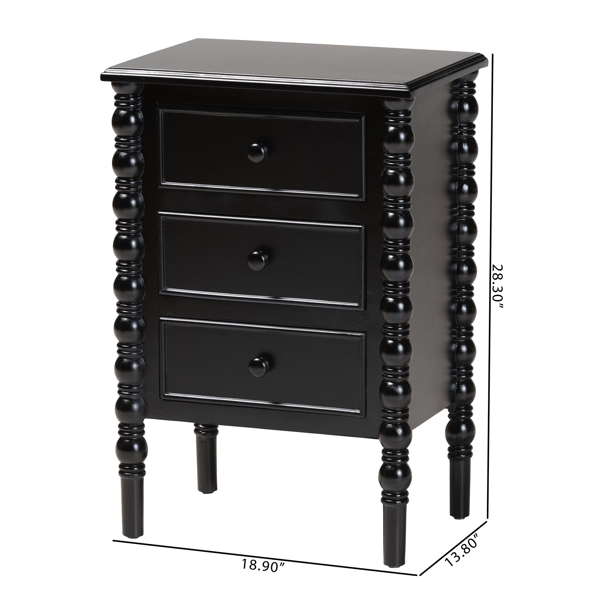 Malinda Classic Black Wood 3-Drawer End Table with Spindle Legs