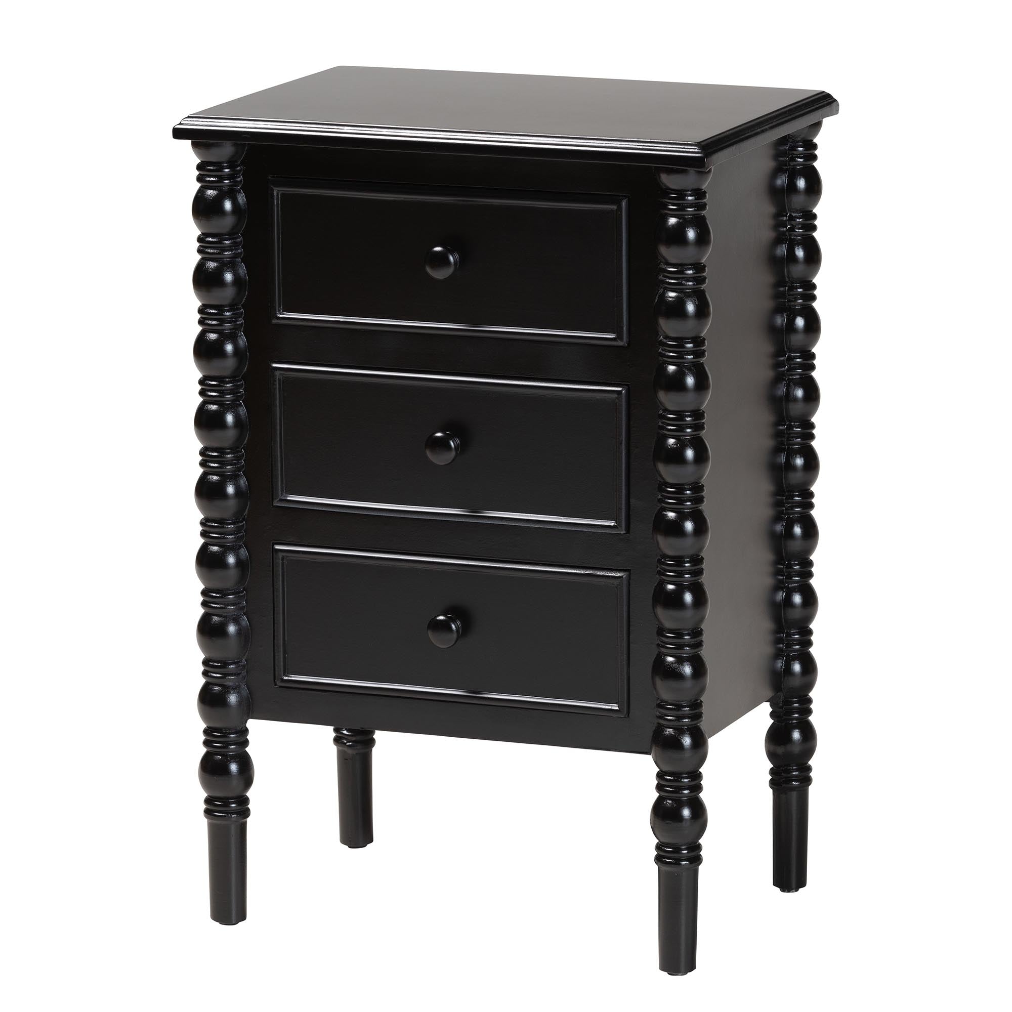 Malinda Classic Black Wood 3-Drawer End Table with Spindle Legs