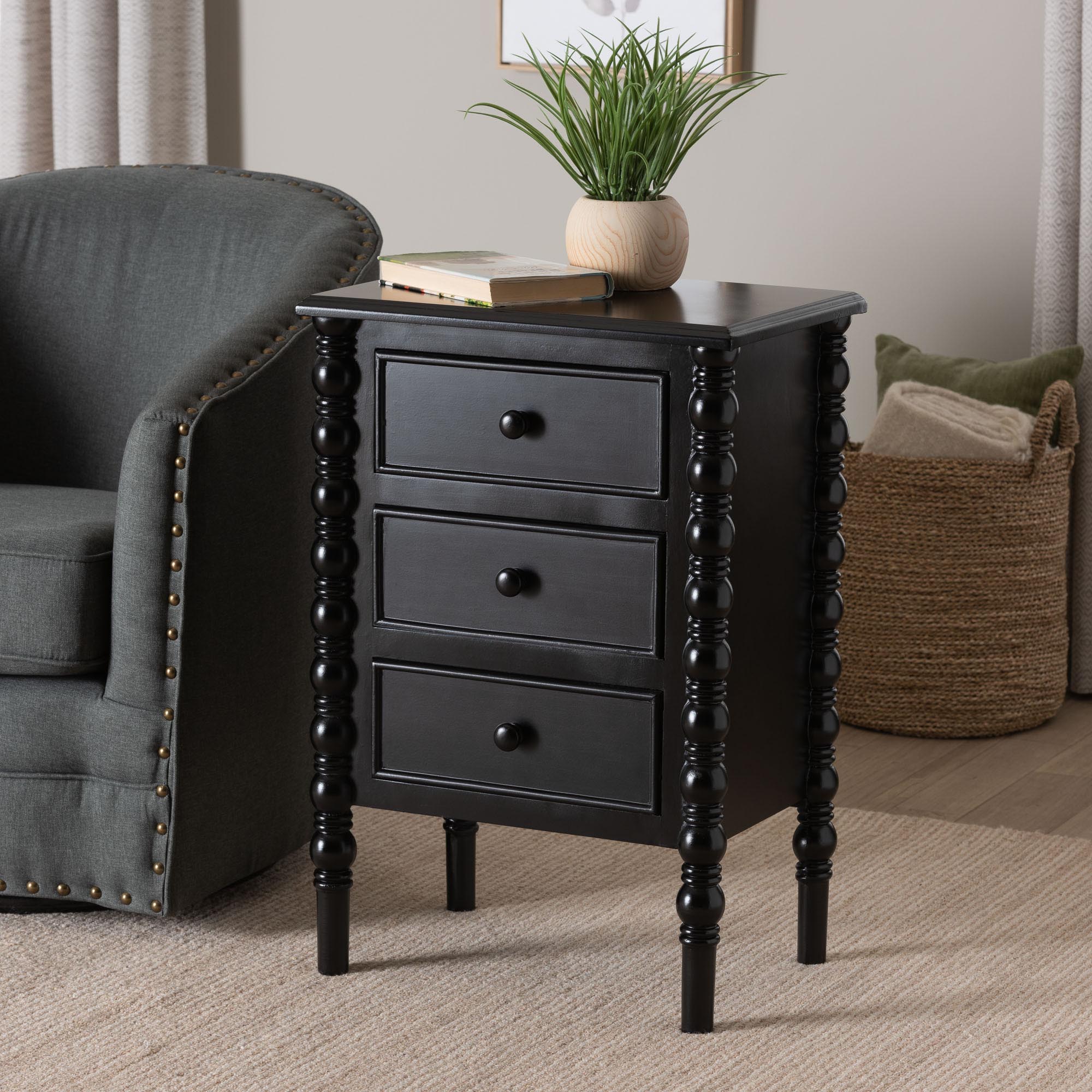 Malinda Classic Black Wood 3-Drawer End Table with Spindle Legs