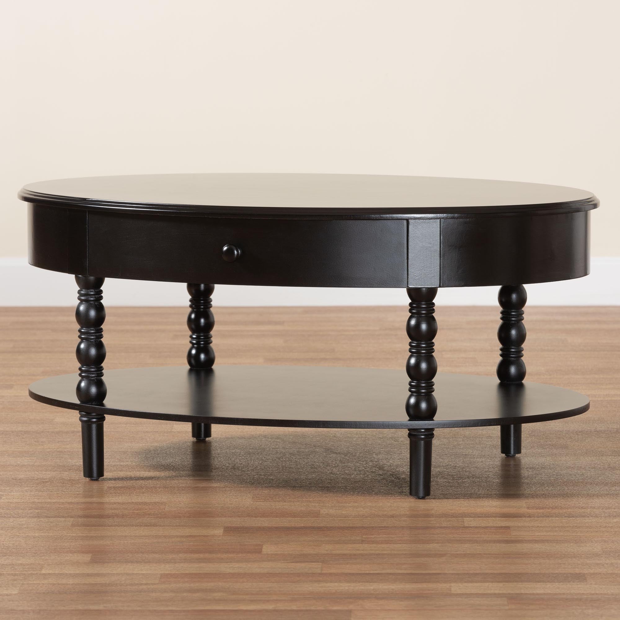 Malinda Classic Black Wood 1-Drawer Coffee Table with Spindle Legs