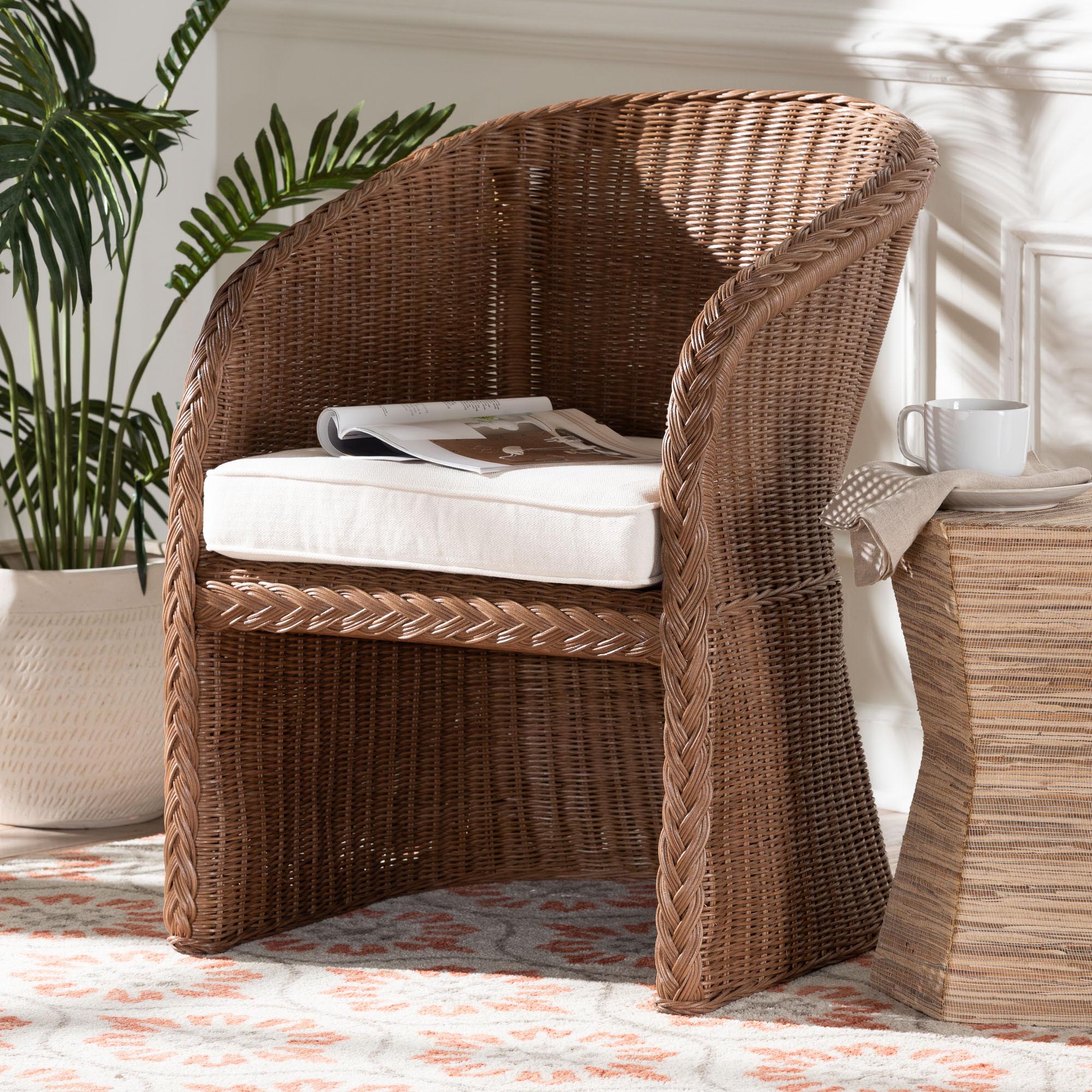 Memphis Bohemian Peanut Brown Braided Rattan Arm Chair