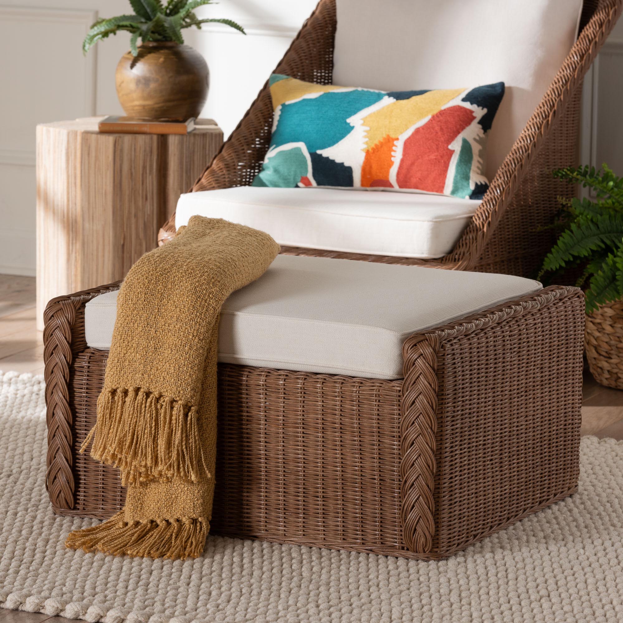 Derris Bohemian Peanut Brown Braided Rattan Footstool