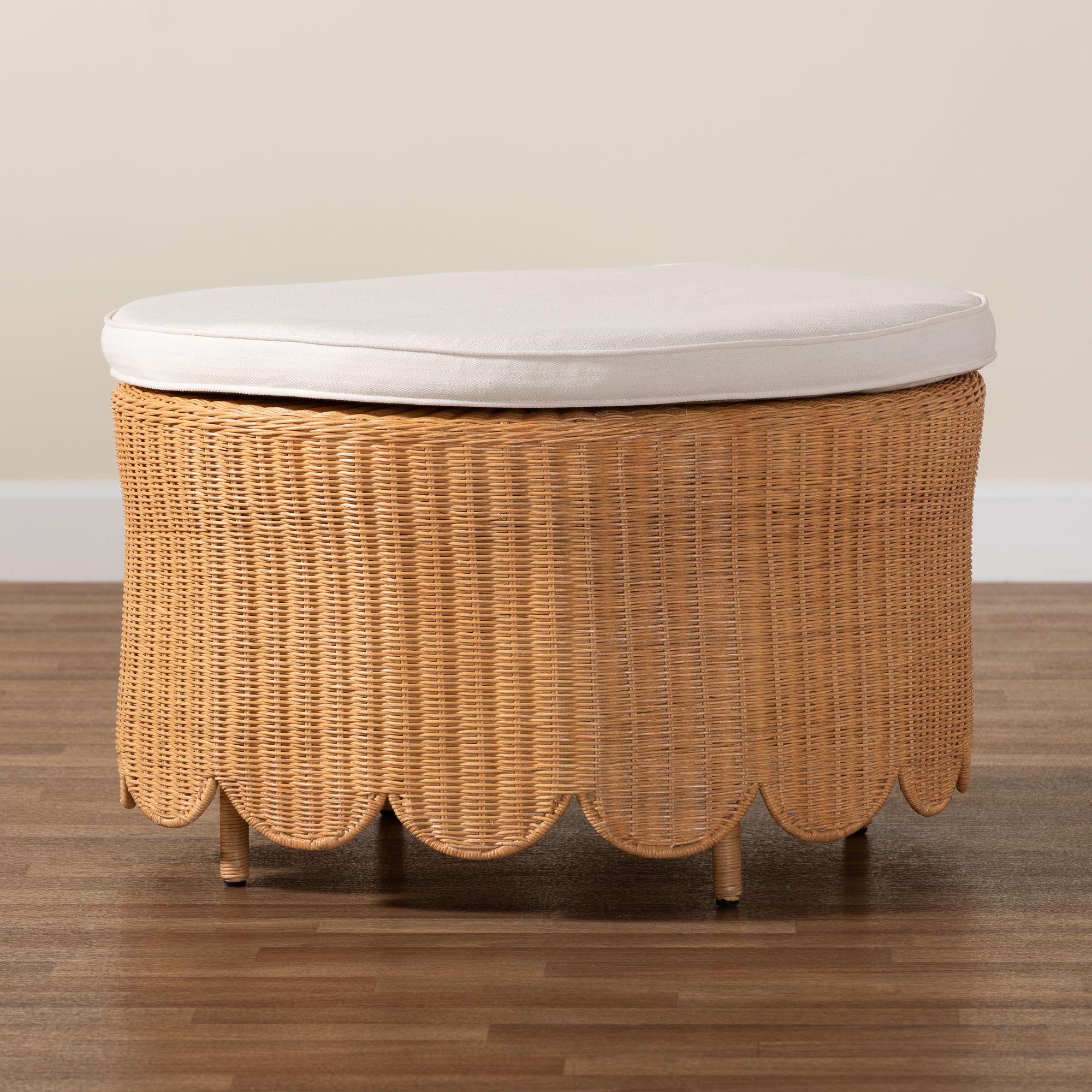 Teresa Bohemian Light Honey Scalloped Rattan Ottoman