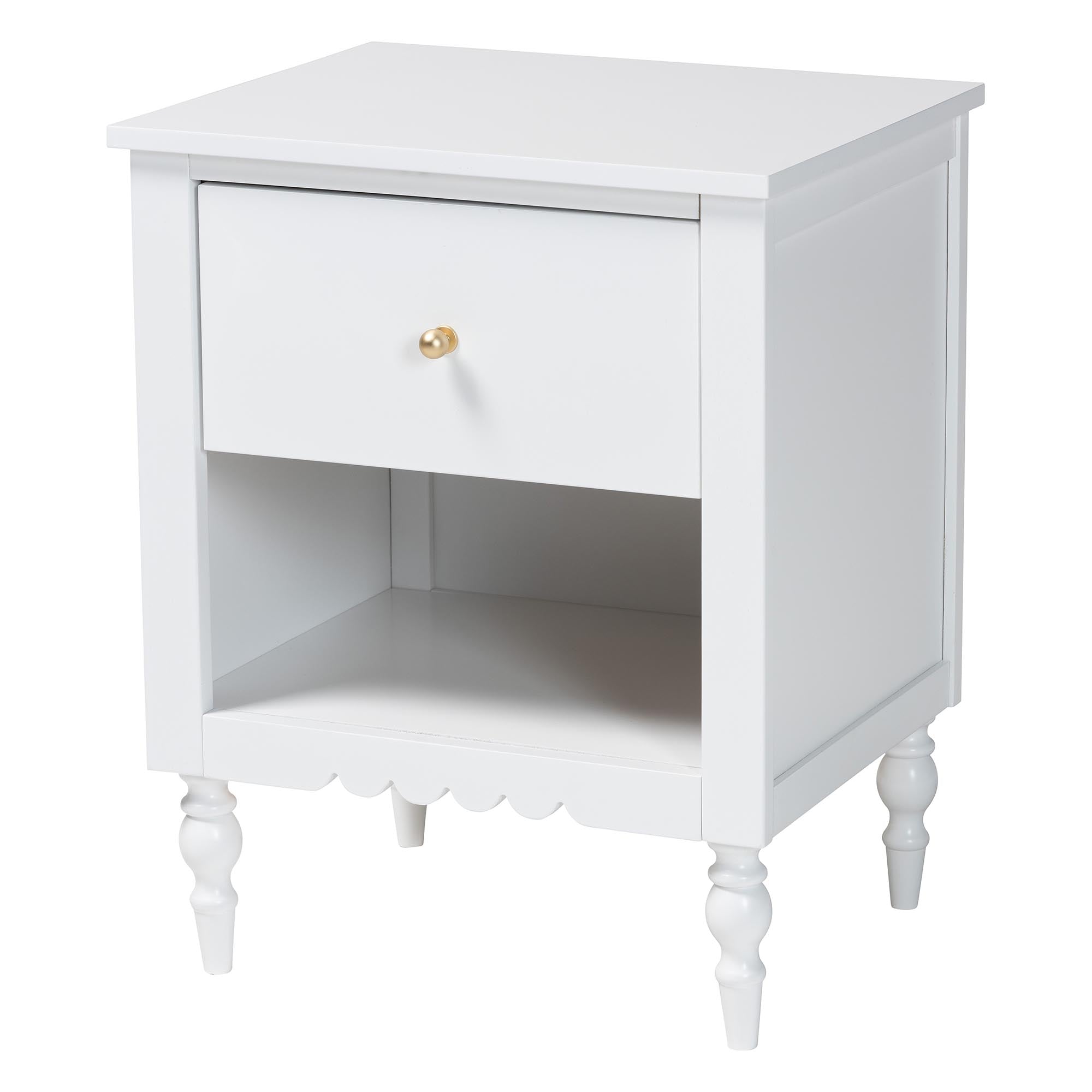 Roni Modern White Wood 1-Drawer Nightstand with Scalloped Edges