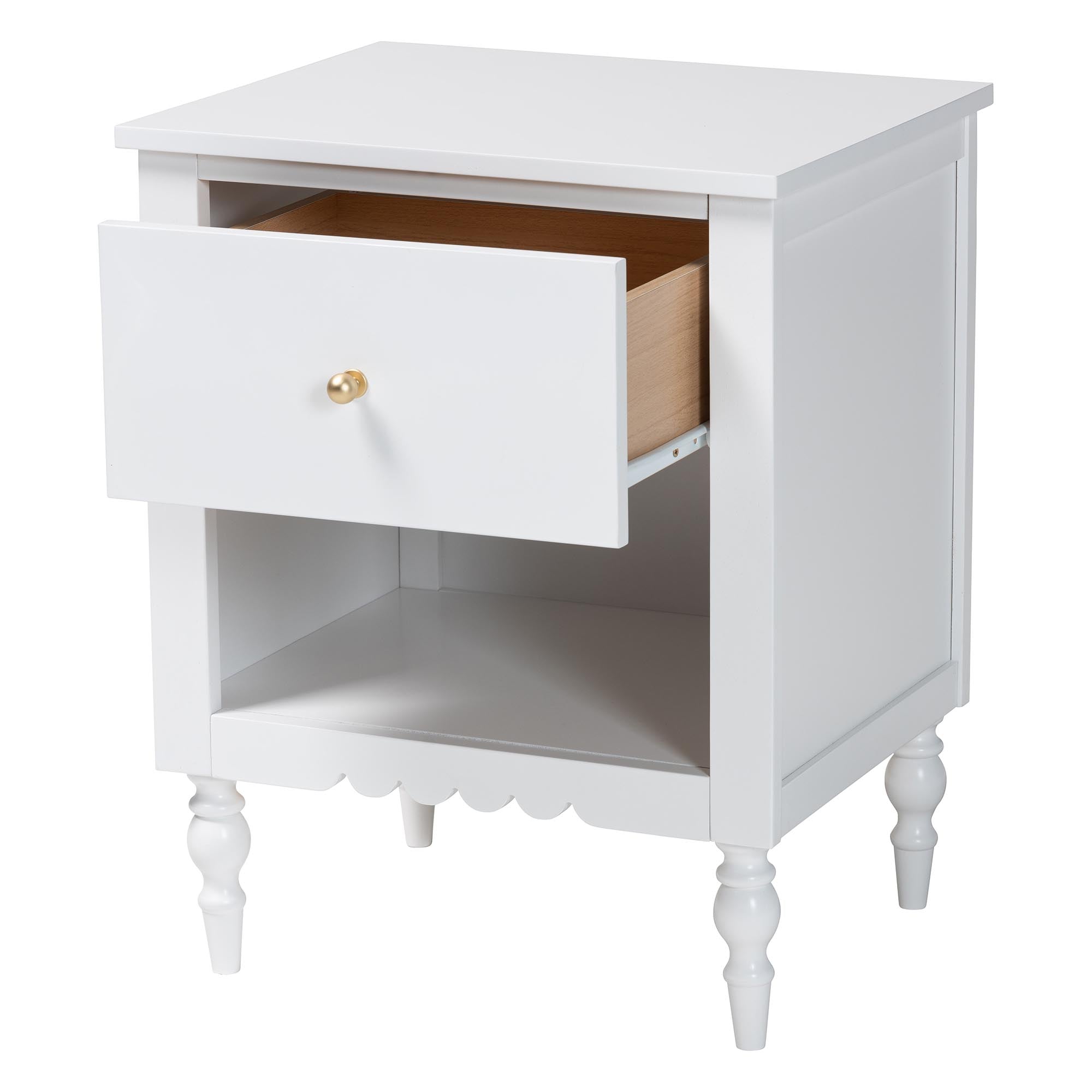 Roni Modern White Wood 1-Drawer Nightstand with Scalloped Edges