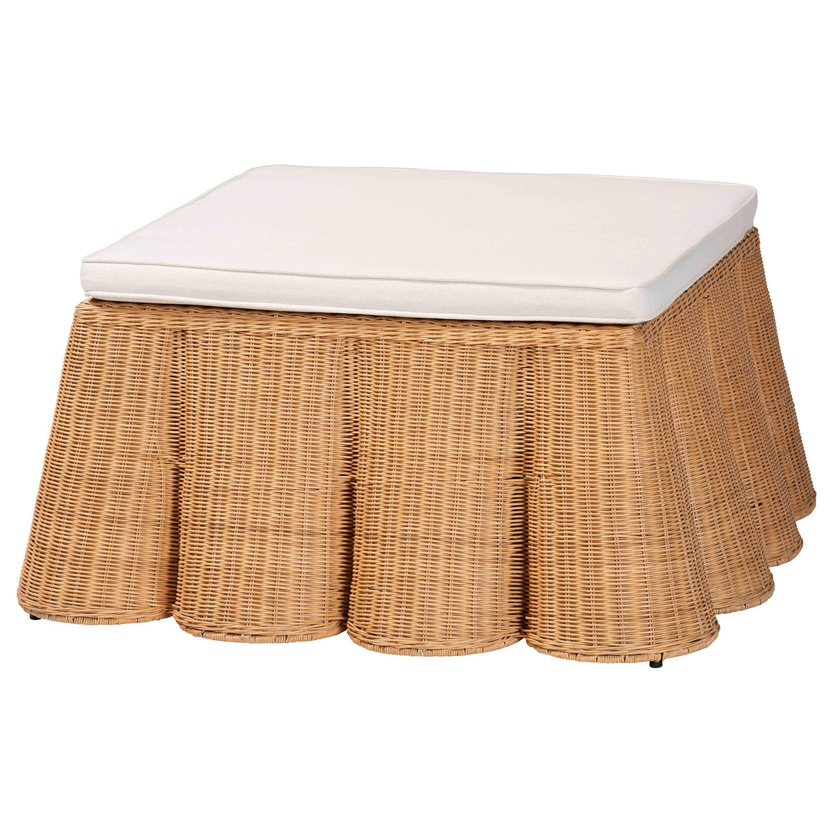 Palm Scallop Natural Rattan Ottoman with Cushion - Handwoven Wicker Accent Bench or Footrest for Living Room, Bedroom, or Sunroom Decor, 39" Square