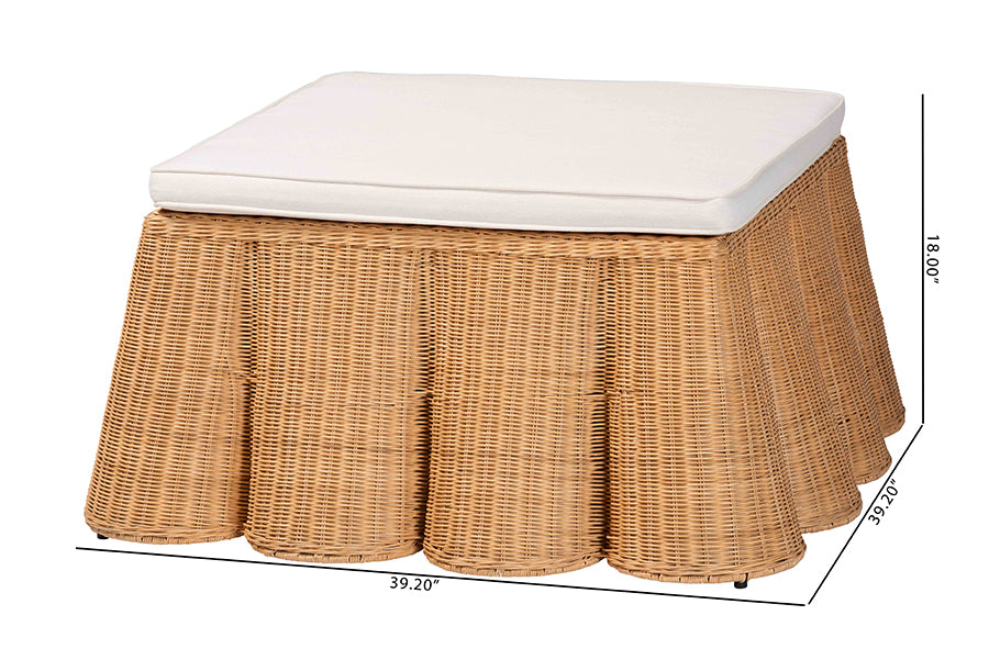 Palm Scallop Natural Rattan Ottoman with Cushion - Handwoven Wicker Accent Bench or Footrest for Living Room, Bedroom, or Sunroom Decor, 39" Square