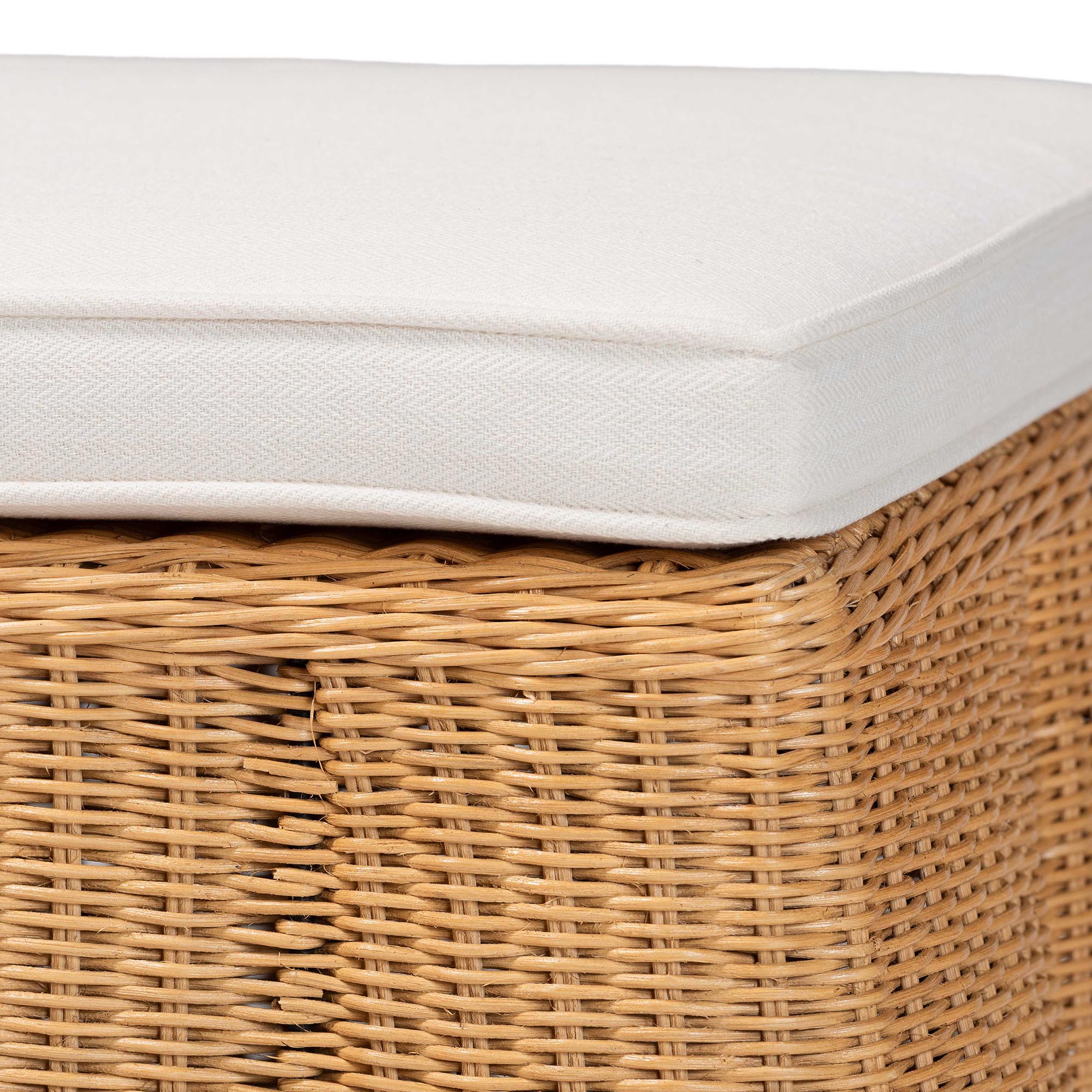Palm Scallop Natural Rattan Ottoman with Cushion - Handwoven Wicker Accent Bench for Living Room, Bedroom or Entryway, Coastal Boho Style Accent Furniture, Rectangle