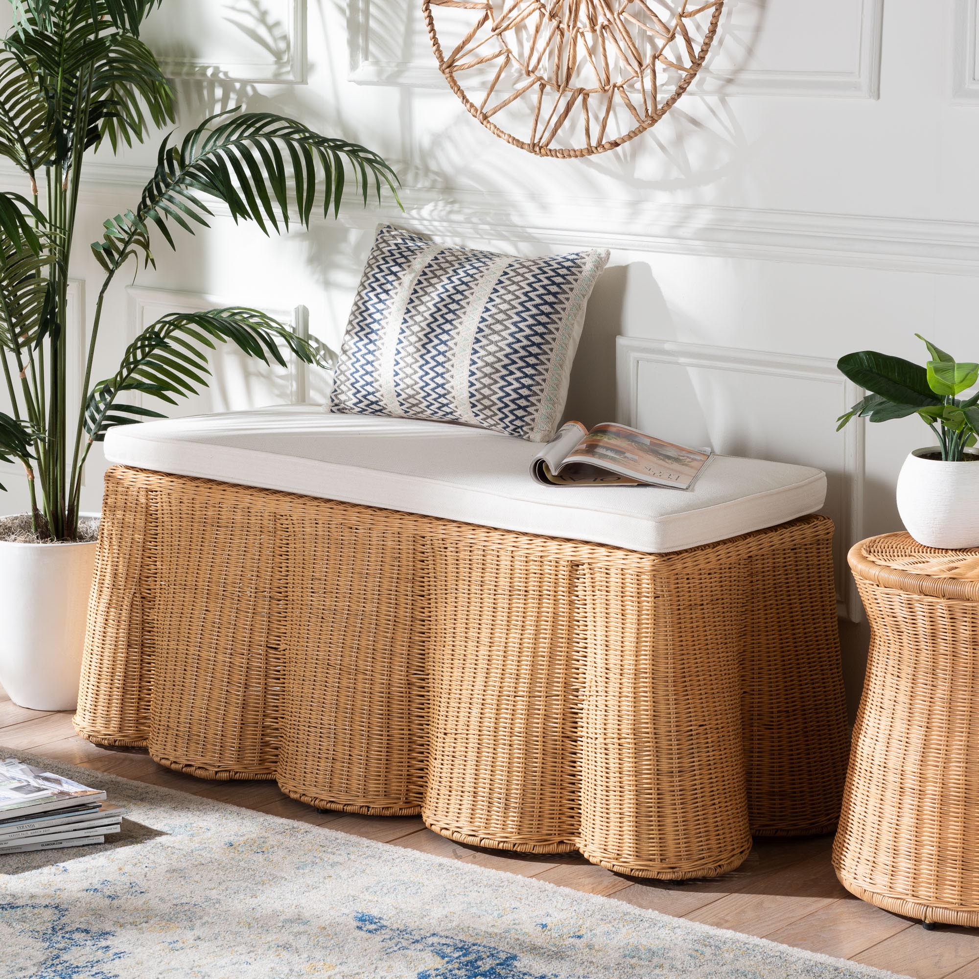 Palm Scallop Natural Rattan Ottoman with Cushion - Handwoven Wicker Accent Bench for Living Room, Bedroom or Entryway, Coastal Boho Style Accent Furniture, Rectangle