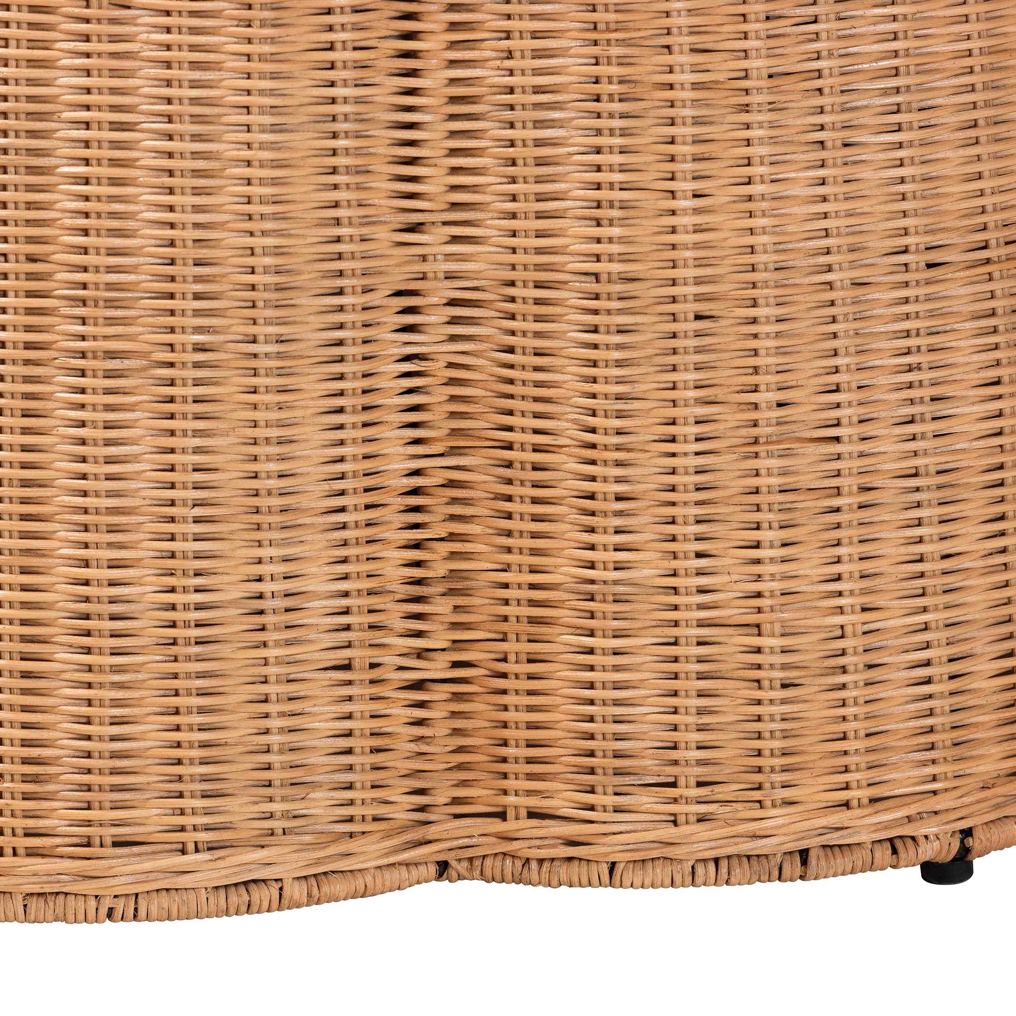 Palm Scallop Natural Rattan Ottoman with Cushion - Handwoven Wicker Accent Stool or Footrest for Living Room, Bedroom, or Sunroom, Coastal Boho Style, 32" Round