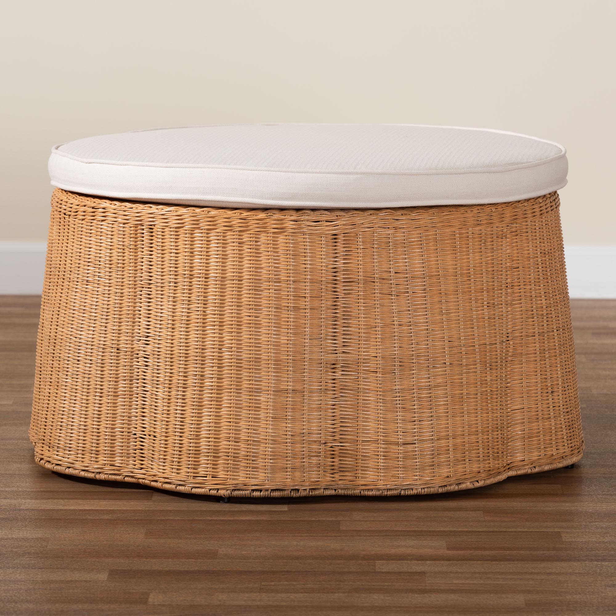 Palm Scallop Natural Rattan Ottoman with Cushion - Handwoven Wicker Accent Stool or Footrest for Living Room, Bedroom, or Sunroom, Coastal Boho Style, 32" Round