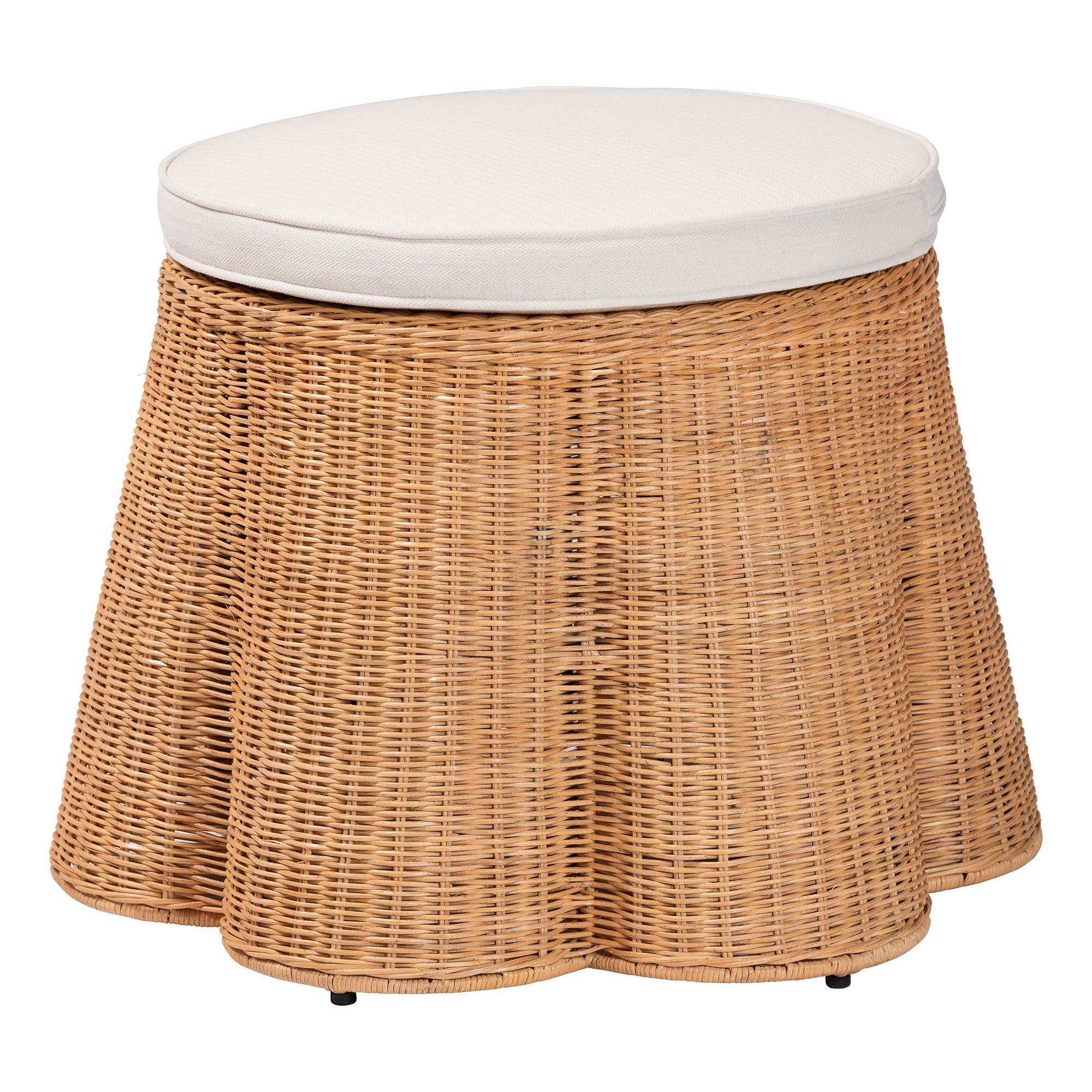 Palm Scallop Natural Rattan Ottoman with Cushion - Handwoven Wicker Accent Stool or Footrest for Living Room, Bedroom, or Sunroom, Coastal Boho Style, 26" Round