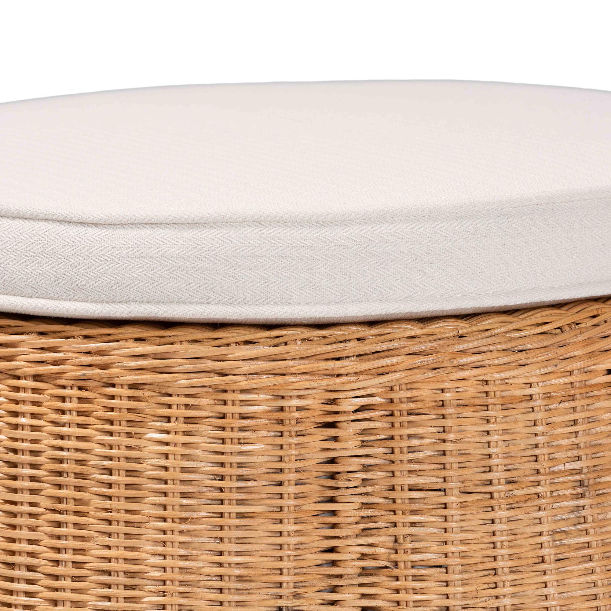 Palm Scallop Natural Rattan Ottoman with Cushion - Handwoven Wicker Accent Stool or Footrest for Living Room, Bedroom, or Sunroom, Coastal Boho Style, 26" Round
