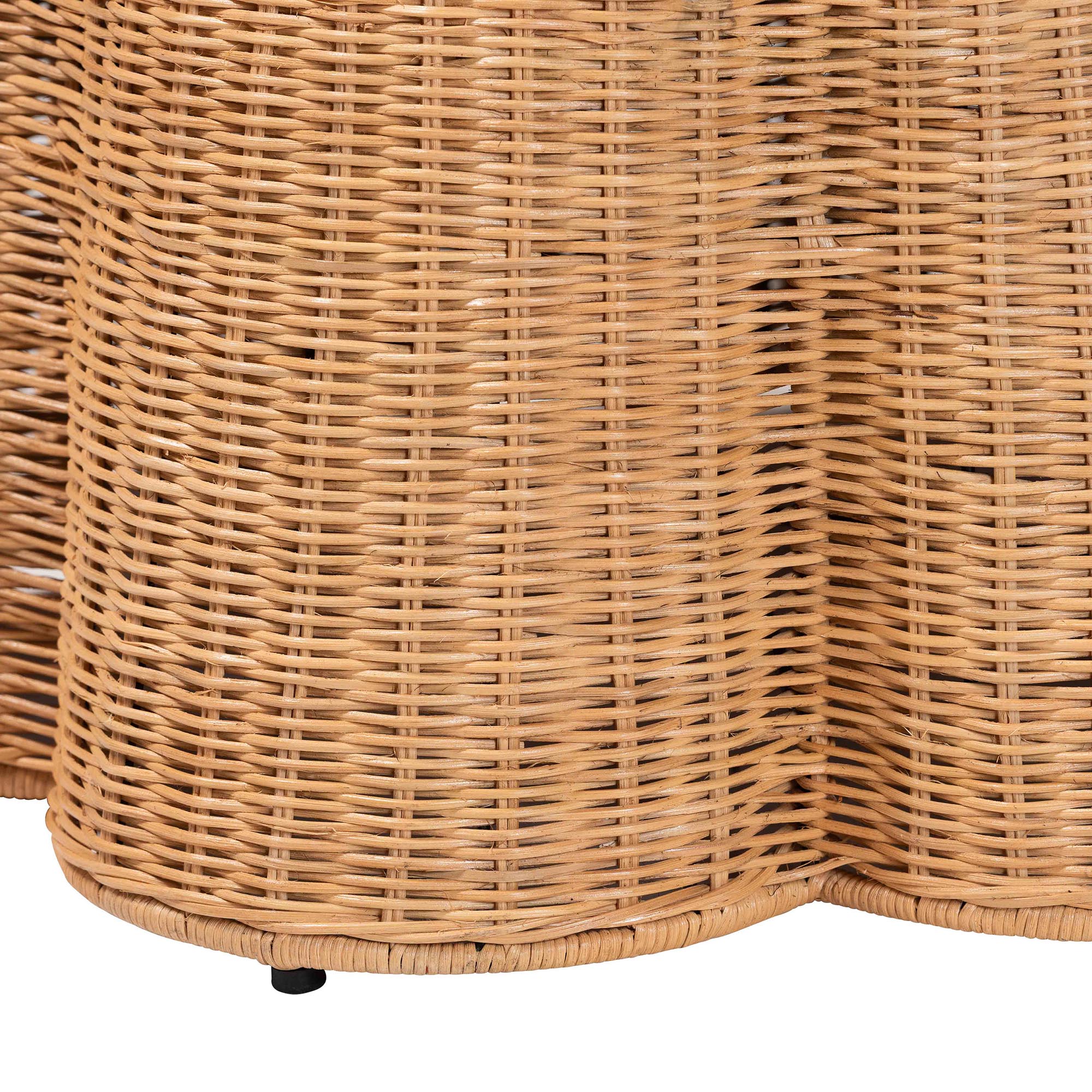 Palm Scallop Natural Rattan Ottoman with Cushion - Handwoven Wicker Accent Stool or Footrest for Living Room, Bedroom, or Sunroom, Coastal Boho Style, 26" Round