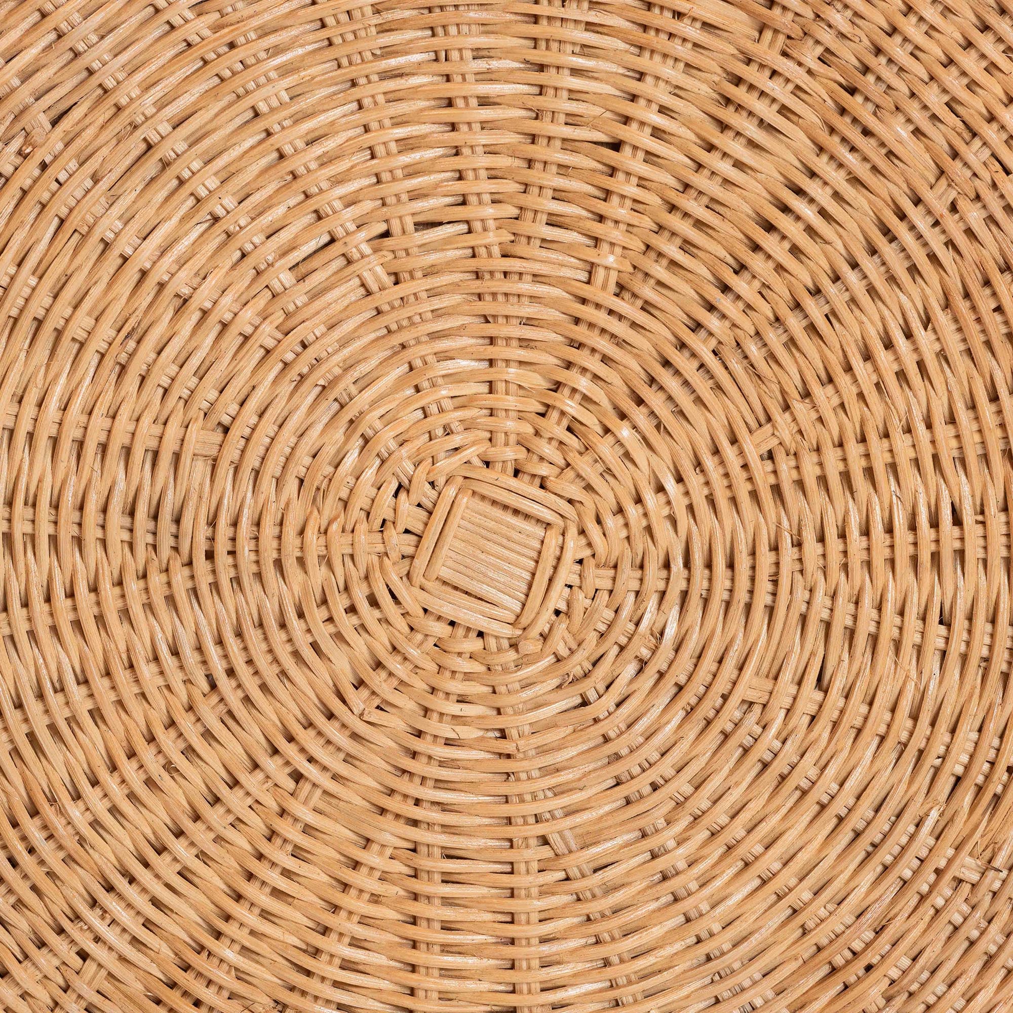 Palm Scallop Natural Rattan Ottoman with Cushion - Handwoven Wicker Accent Stool or Footrest for Living Room, Bedroom, or Sunroom, Coastal Boho Style, 26" Round