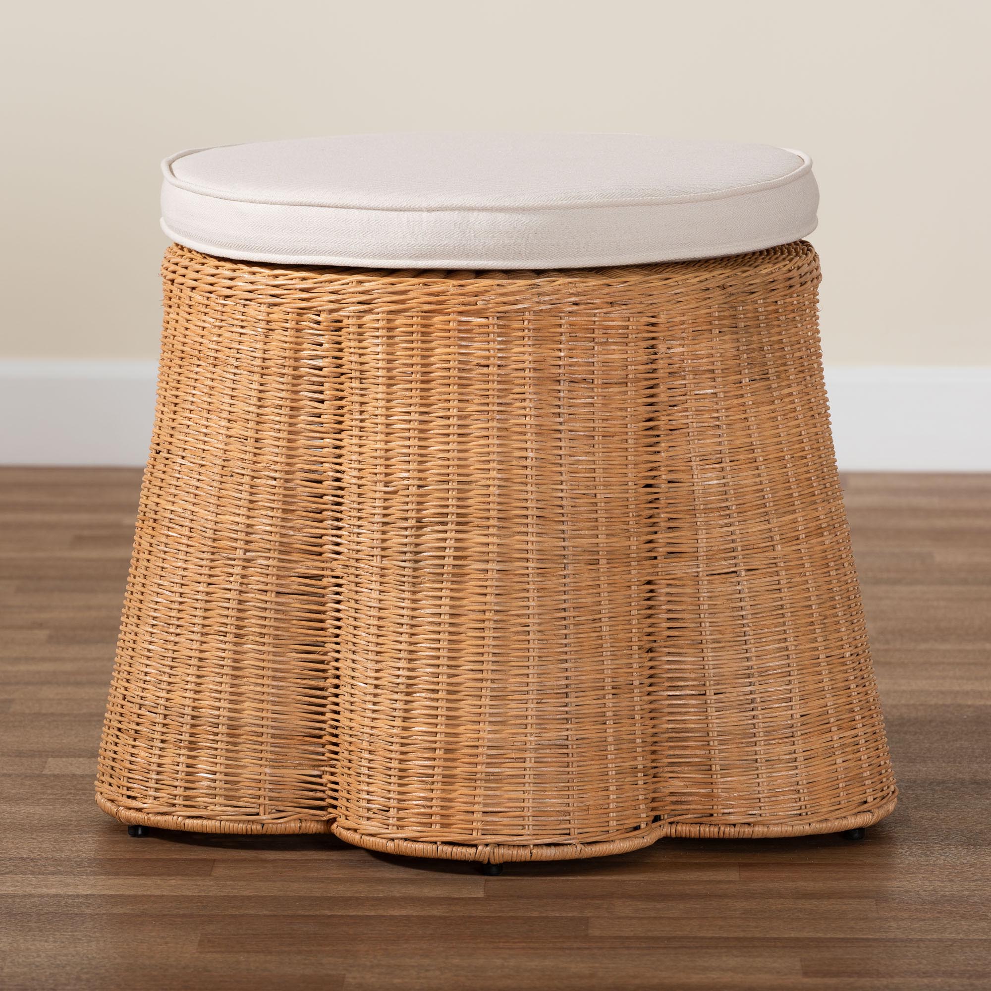 Palm Scallop Natural Rattan Ottoman with Cushion - Handwoven Wicker Accent Stool or Footrest for Living Room, Bedroom, or Sunroom, Coastal Boho Style, 26" Round