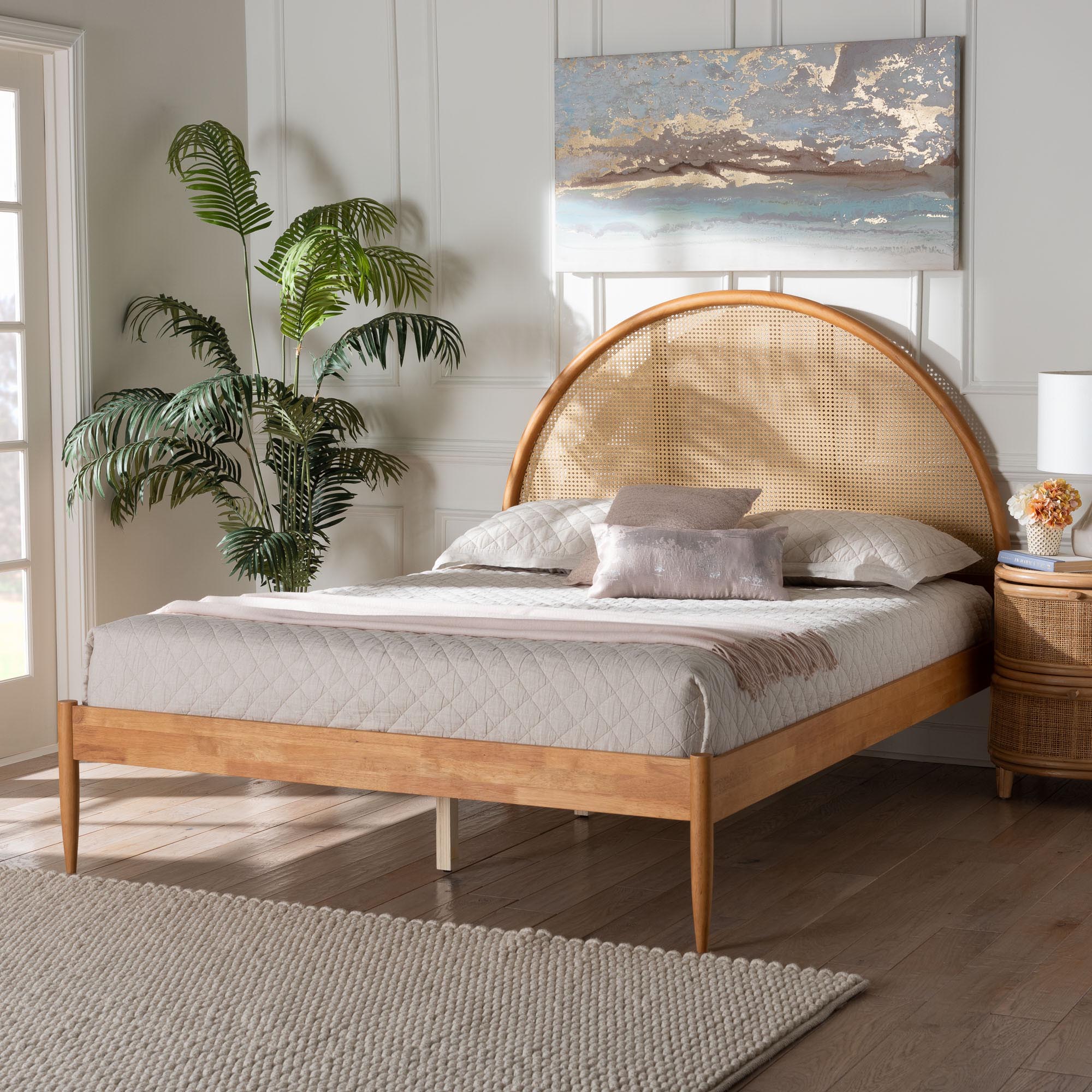 Wrenley Japandi Oak Brown Wood Queen Bed with Antique Rattan