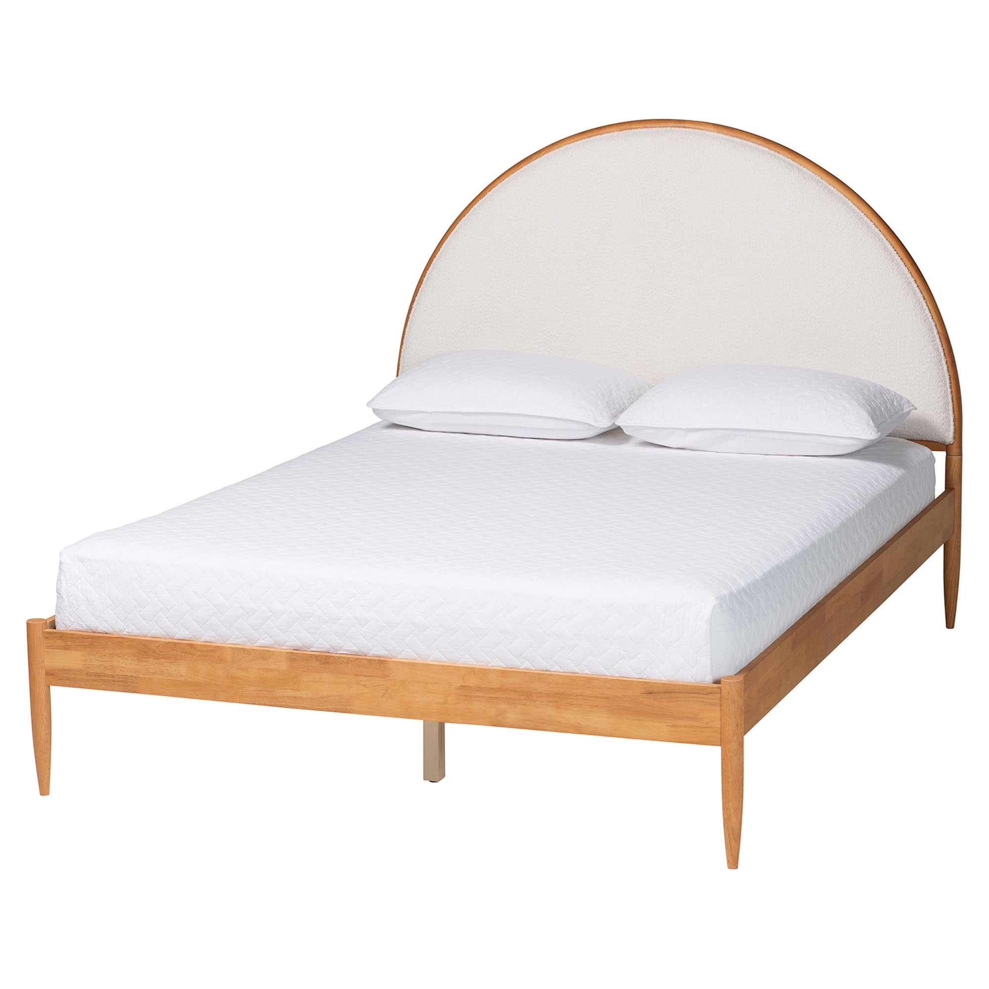 Dawson Japandi Cream Teddy Fabric and Oak Brown Wood Queen Bed