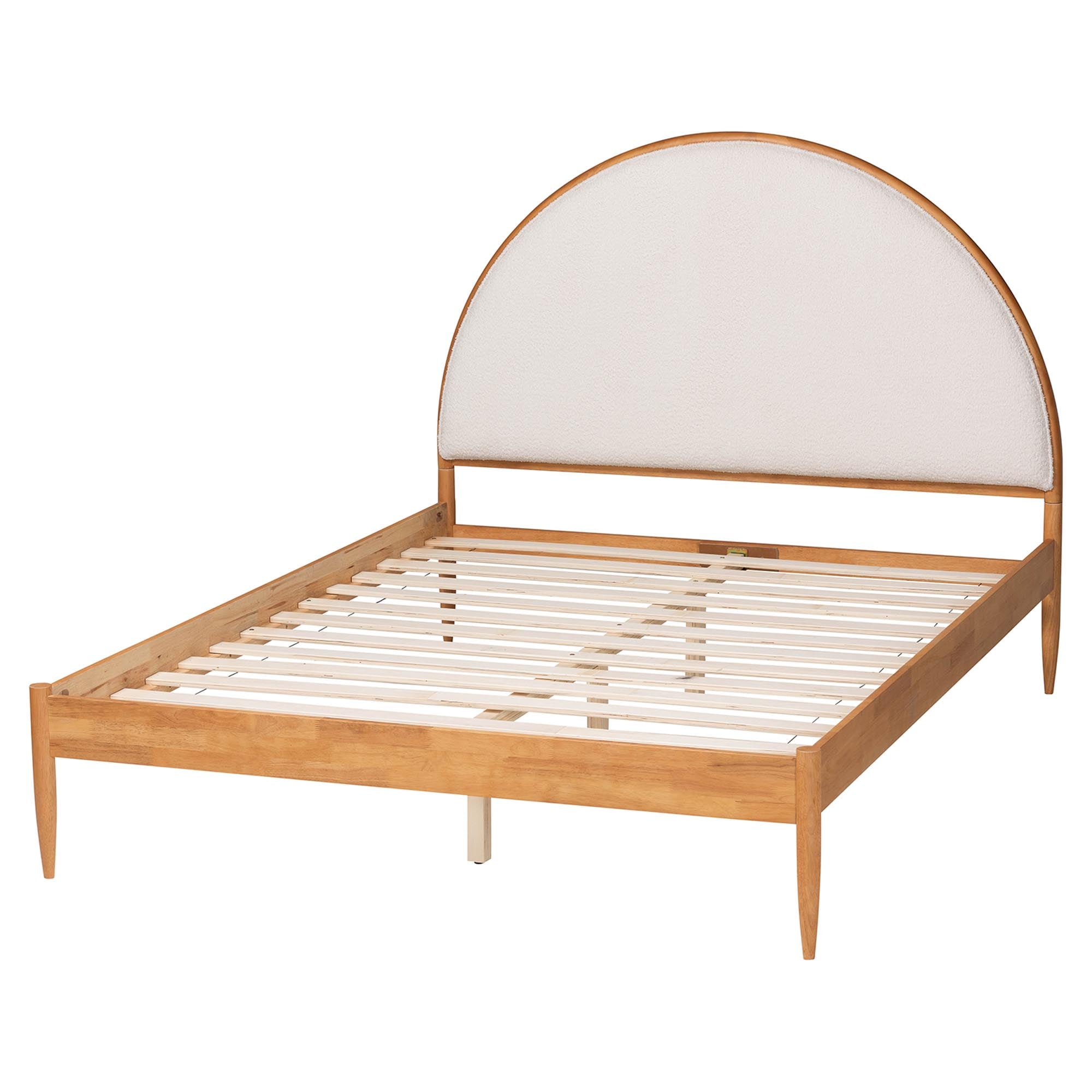 Dawson Japandi Cream Teddy Fabric and Oak Brown Wood Queen Bed