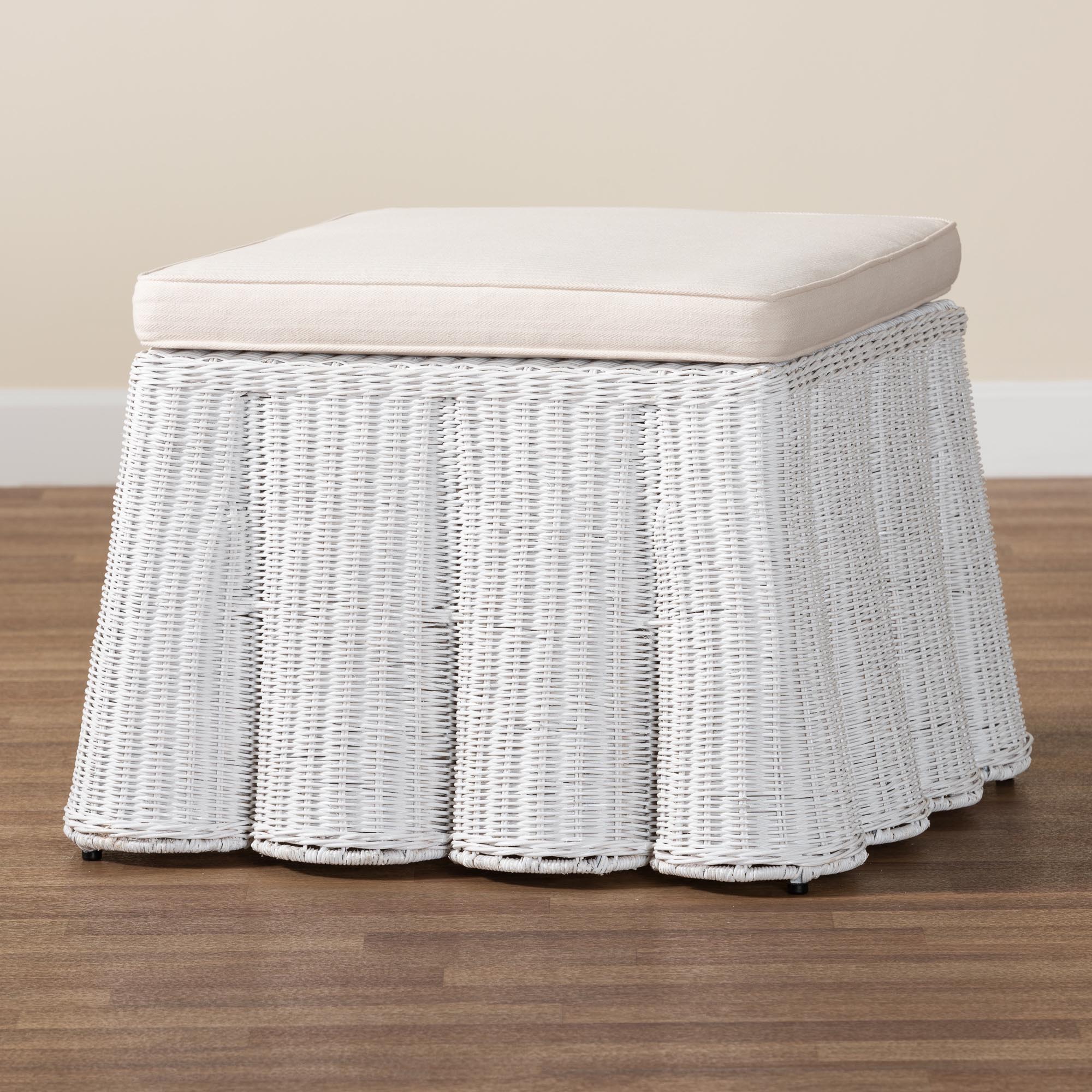 Palm Bohemian White Scallop Rattan Ottoman