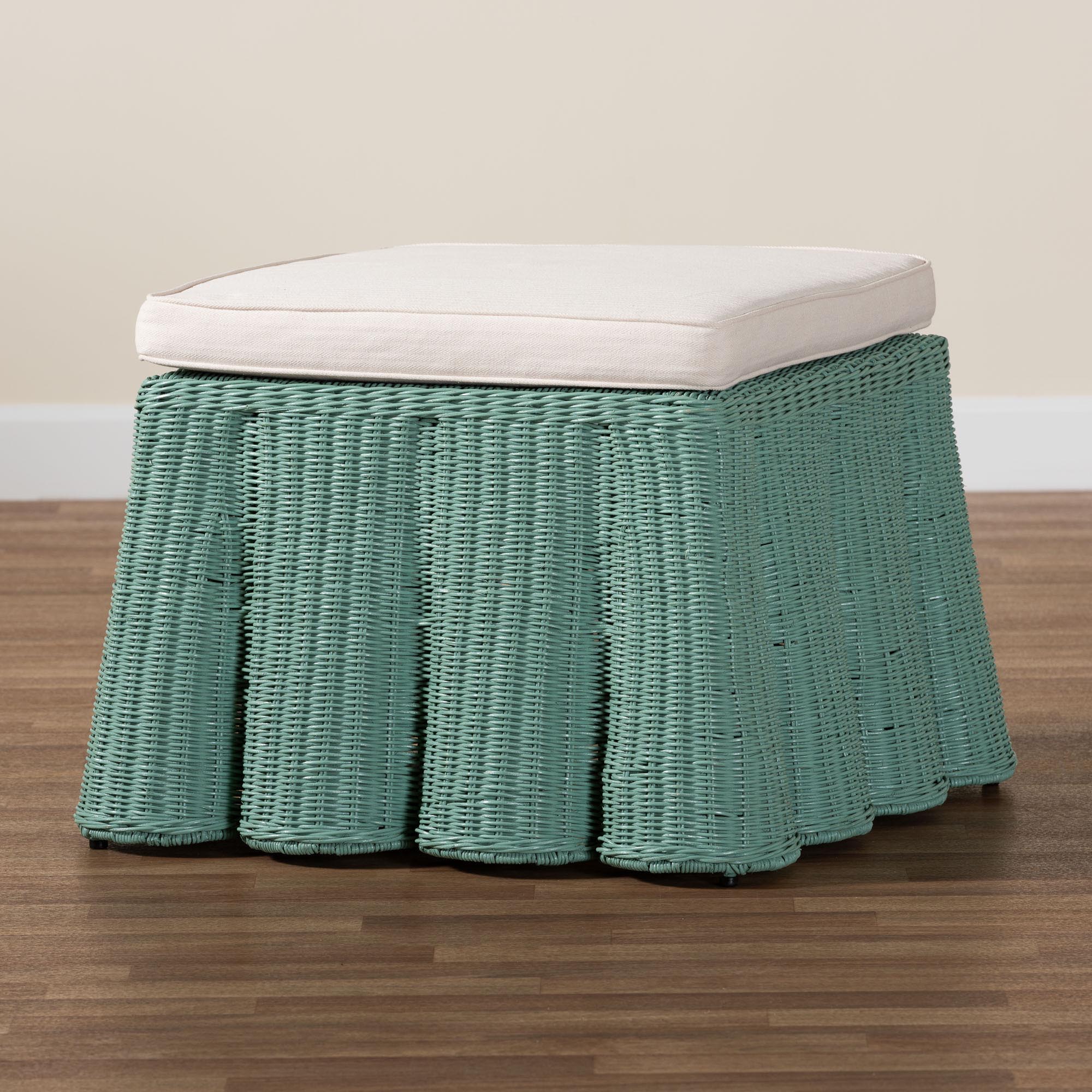 Palm Bohemian Seafoam Green Scallop Rattan Ottoman
