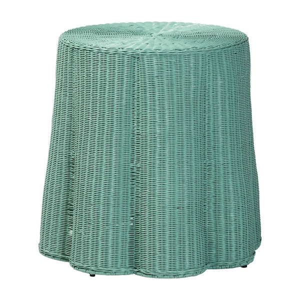 Palm Scallop Natural Rattan Console Table, Green - Handwoven Wicker Round Accent Table