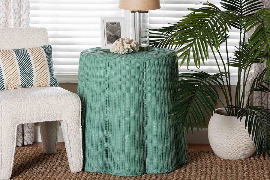 Palm Scallop Natural Rattan Console Table - Handwoven Wicker Round Accent Table