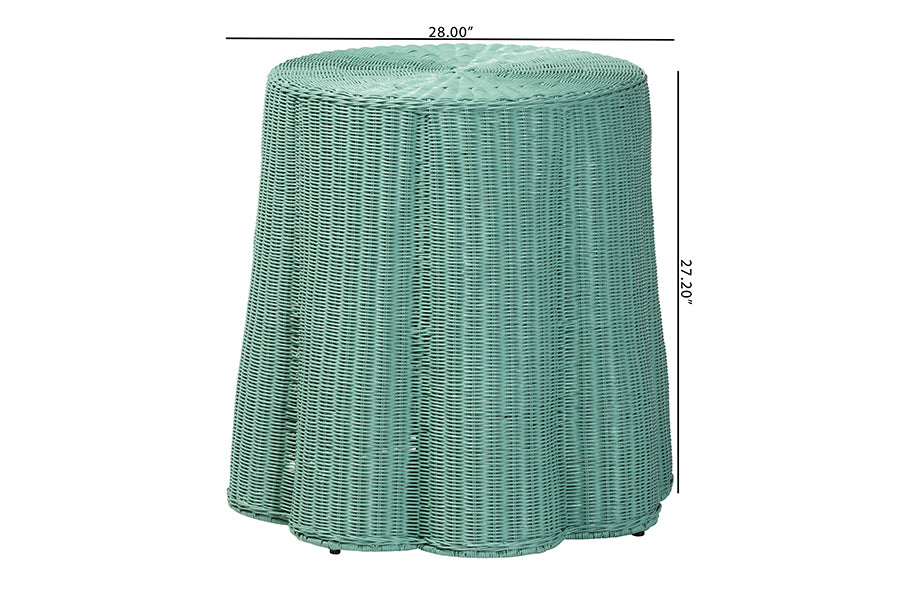 Palm Scallop Natural Rattan Console Table, Green - Handwoven Wicker Round Accent Table