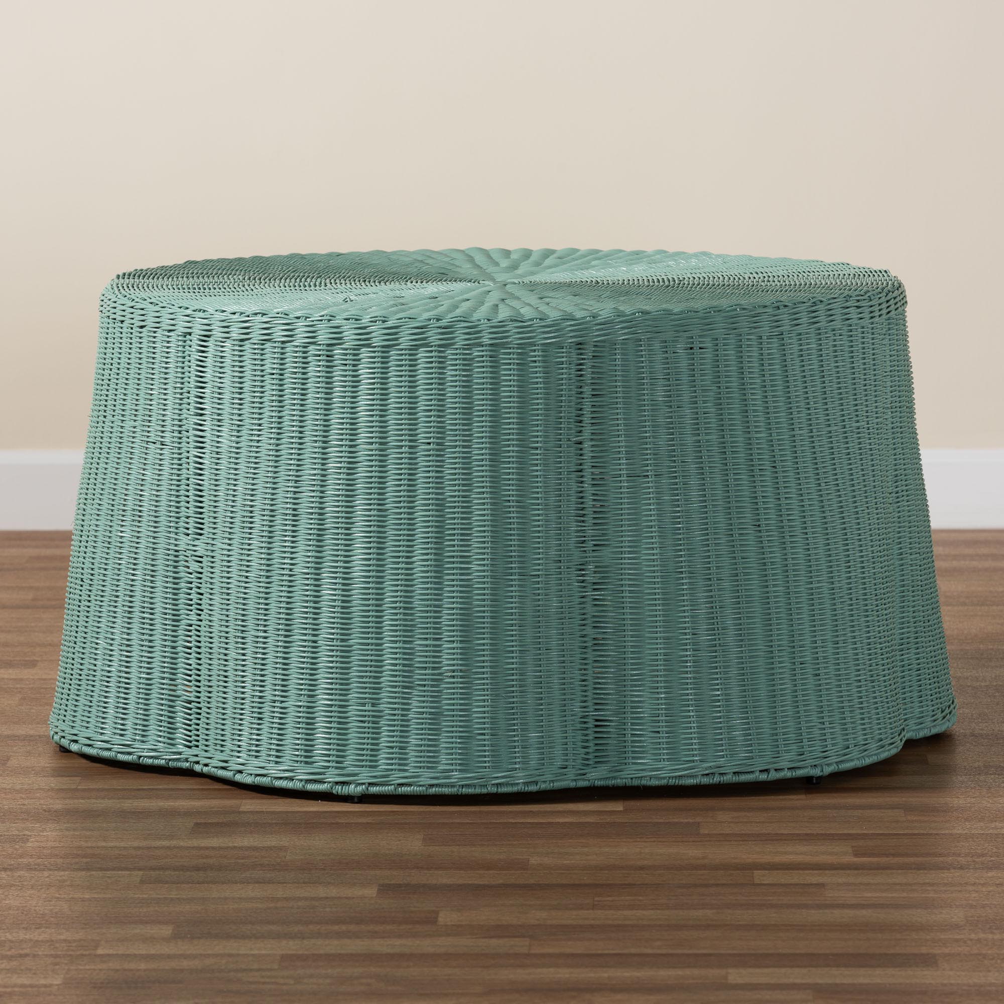 Palm Bohemian Seafoam Green Scalloped Rattan Coffee Table