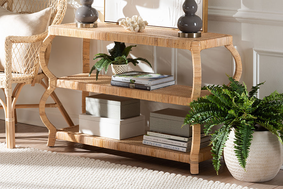 Dalida Bohemian Natural Rattan 3-Tier Console Table
