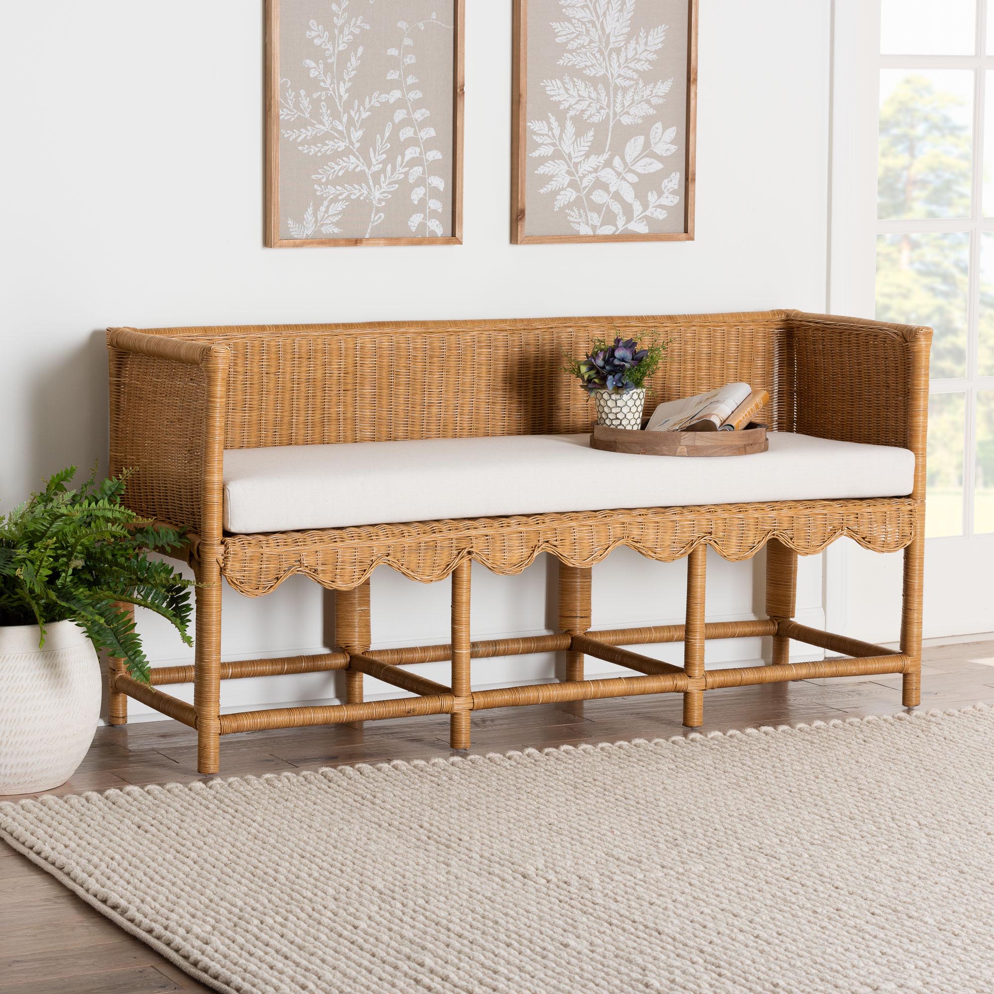 Seranay Bohemian Scallop Light Honey Rattan Accent Bench