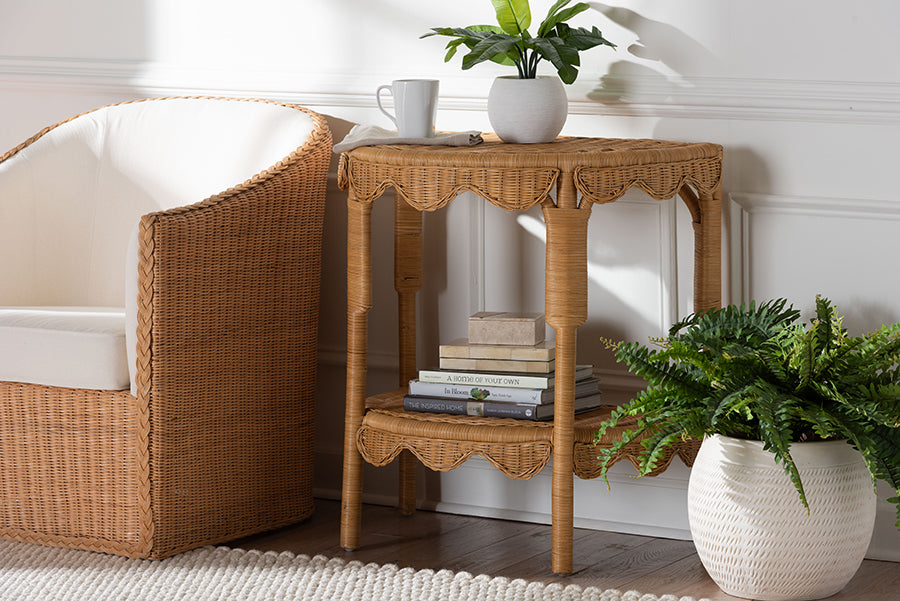 Paisley Bohemian Scallop Light Honey Rattan Console Table