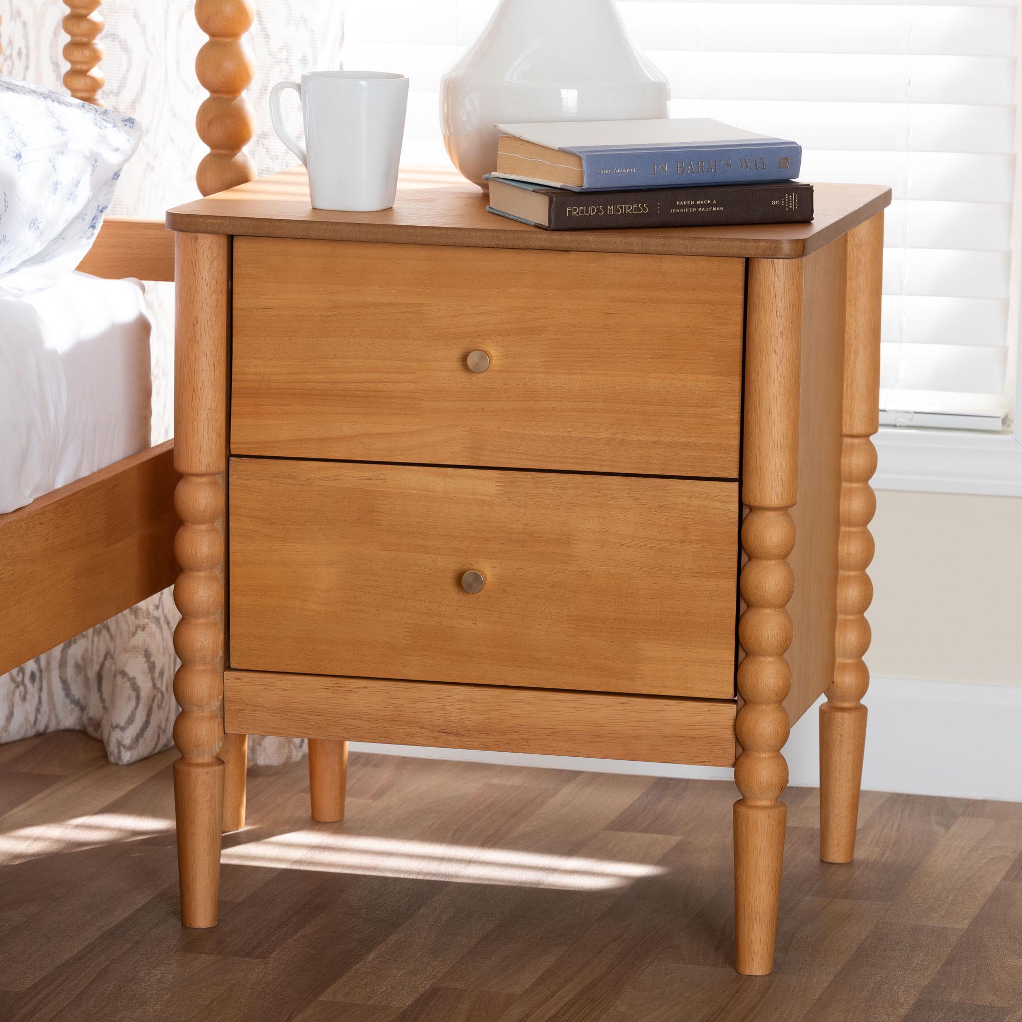 Lucera Mid-Century Oak Brown 2-Drawer Bobbin Nightstand
