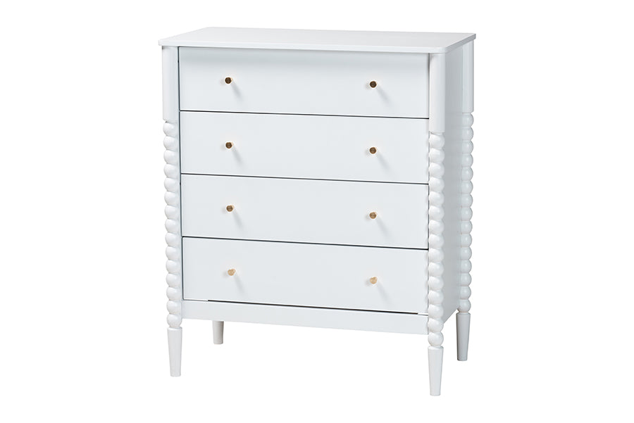 Lucera Mid-Century White Bobbin Wood 4-Drawer Chest