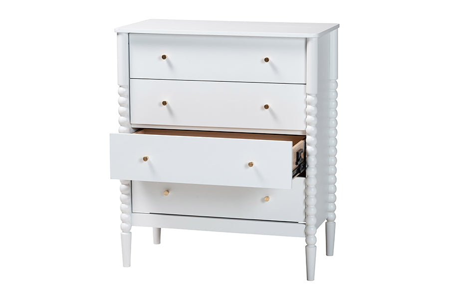 Lucera Mid-Century White Bobbin Wood 4-Drawer Chest