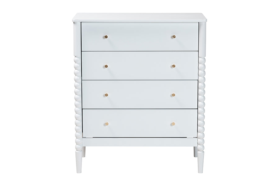 Lucera Mid-Century White Bobbin Wood 4-Drawer Chest