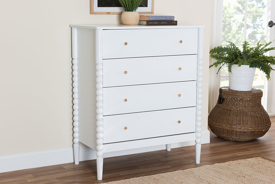 Lucera Mid-Century White Bobbin Wood 4-Drawer Chest